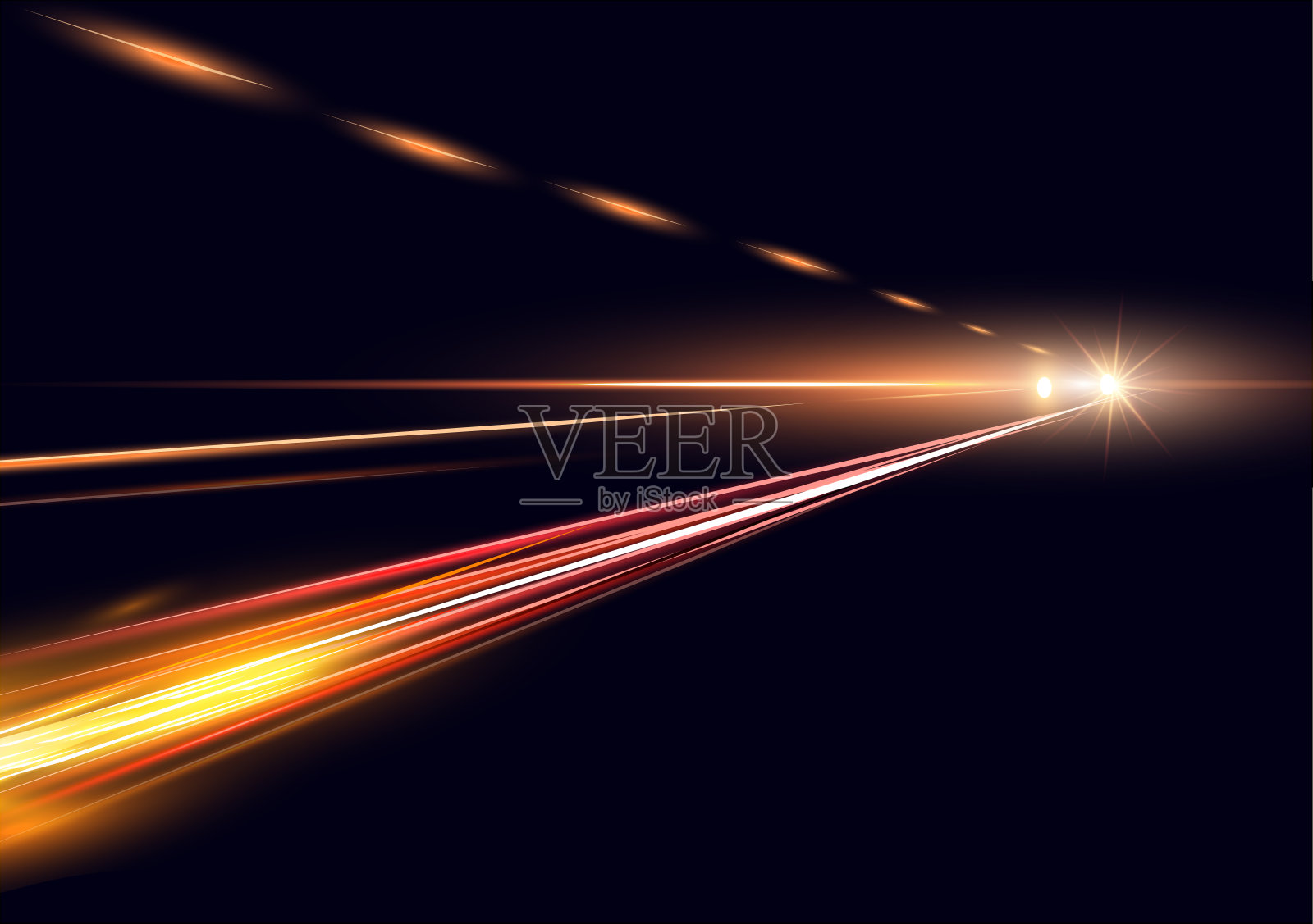 长时间暴露的夜间交通矢量图模拟。高速灯光在黑色背景。插画图片素材