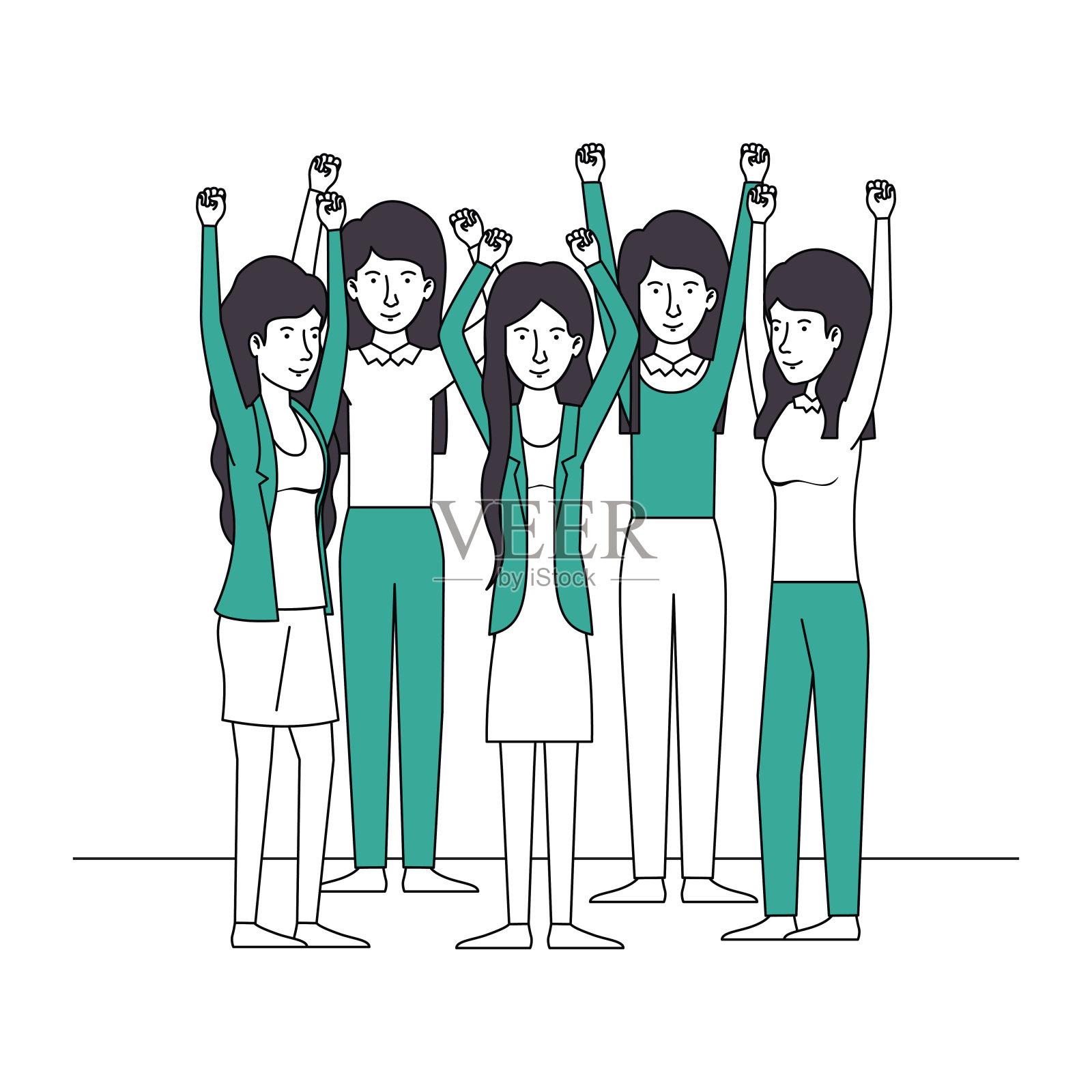 一群手举着绿色衣服的妇女插画图片素材