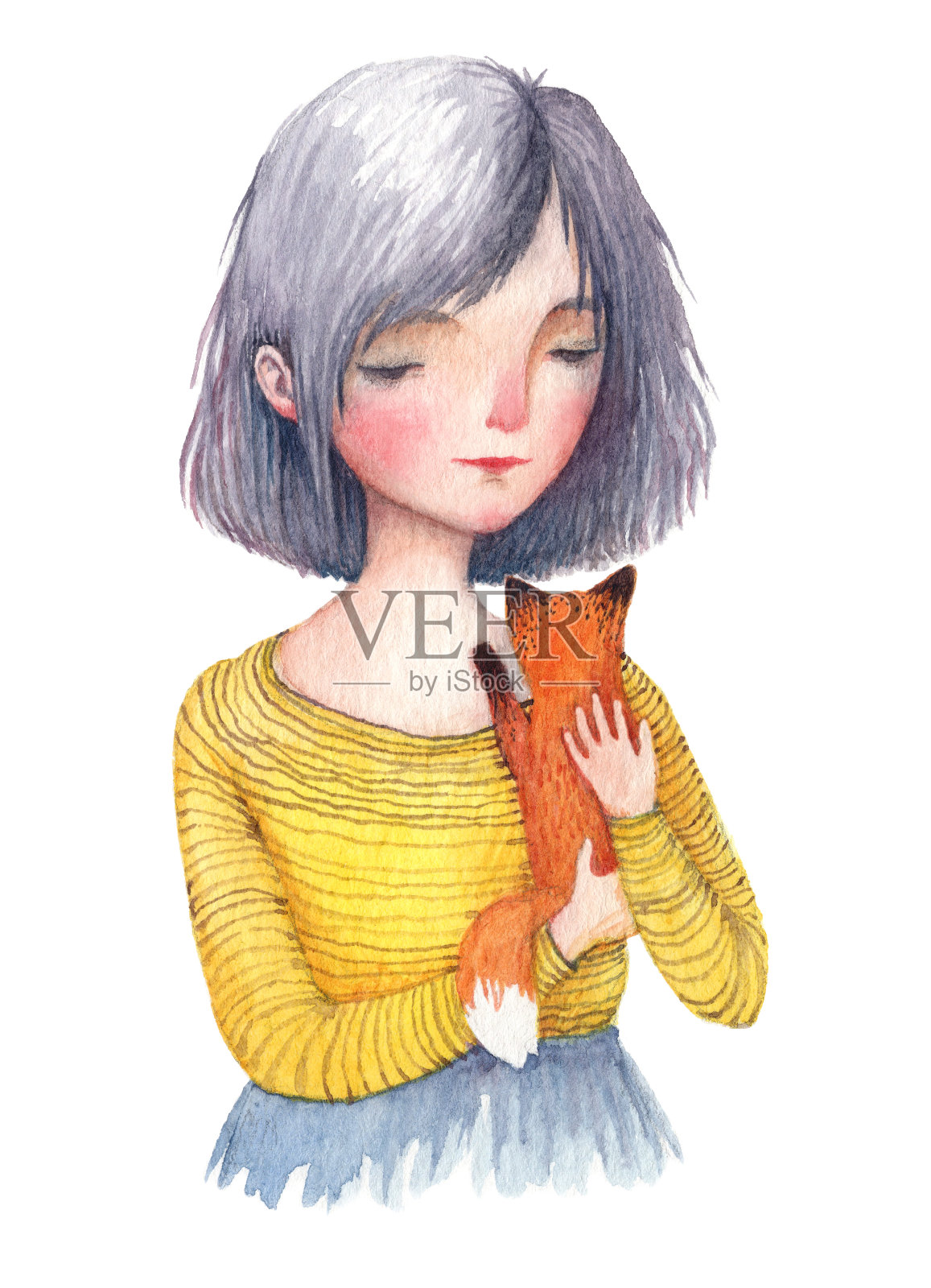 水彩画女孩抱着一只小狐狸。一幅孤立在白色背景上的肖像。插画图片素材