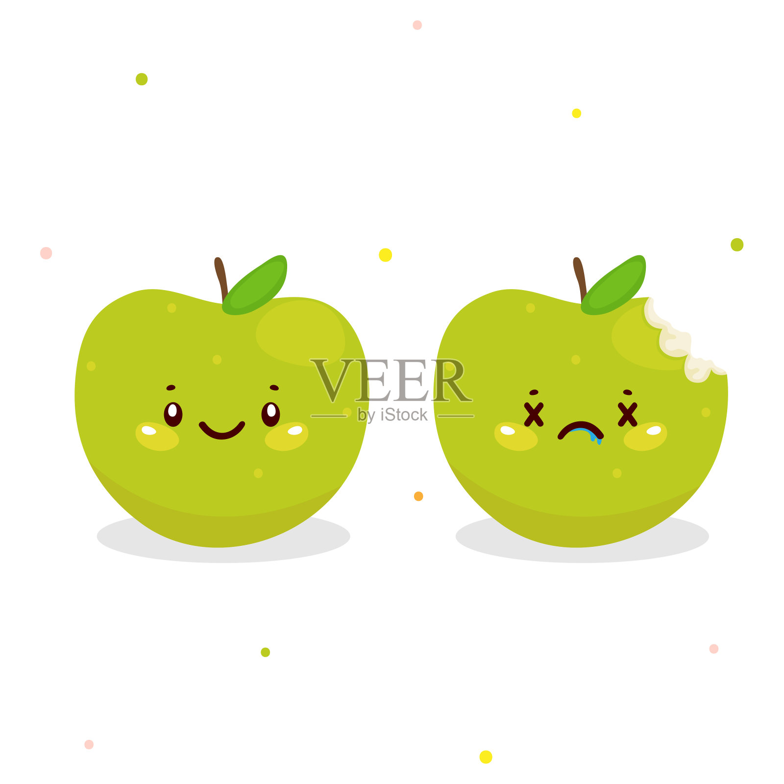 可爱的苹果，完整的，被咬过的插画图片素材