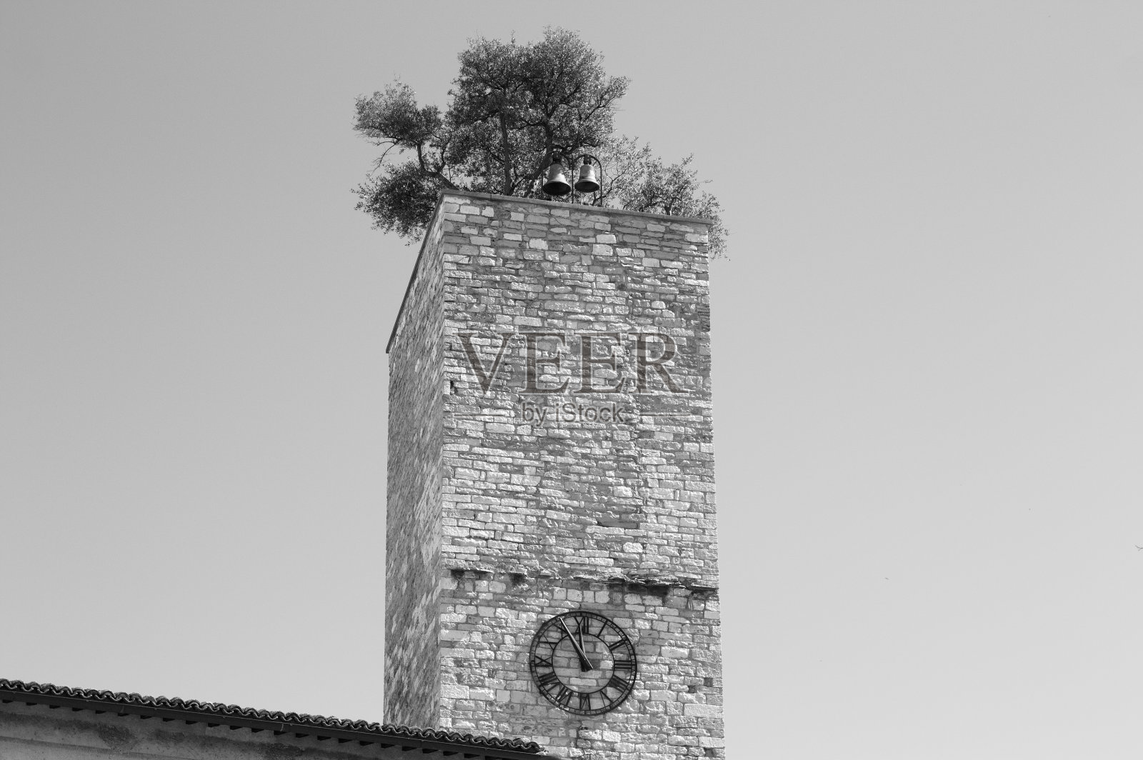 有花园的孤立钟楼，屋顶上有钟(意大利翁布里亚斯培罗)照片摄影图片