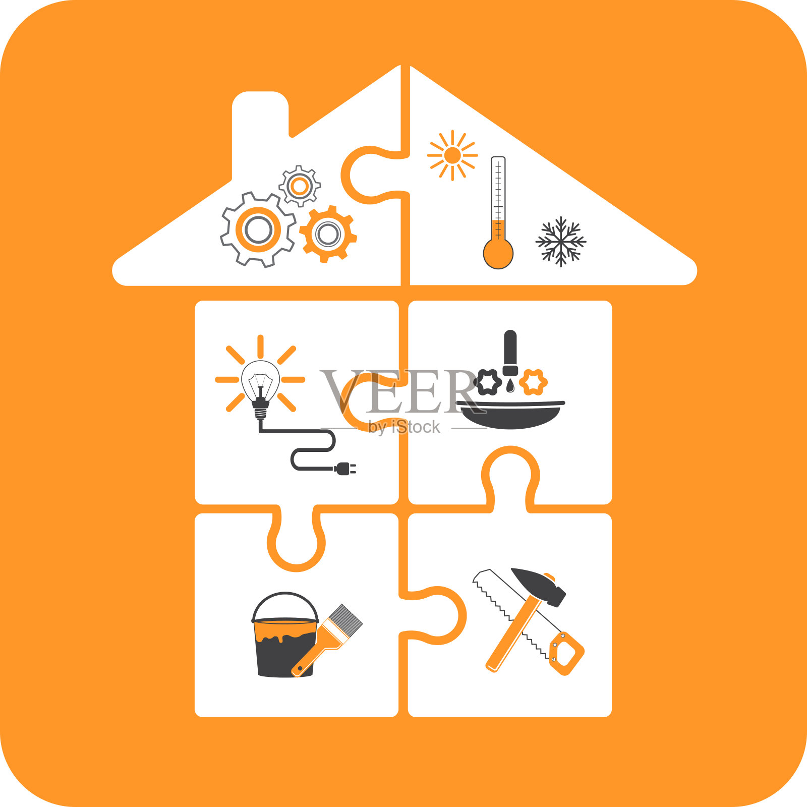 房屋拼图与修理工具平面设计在黄色的背景插画图片素材