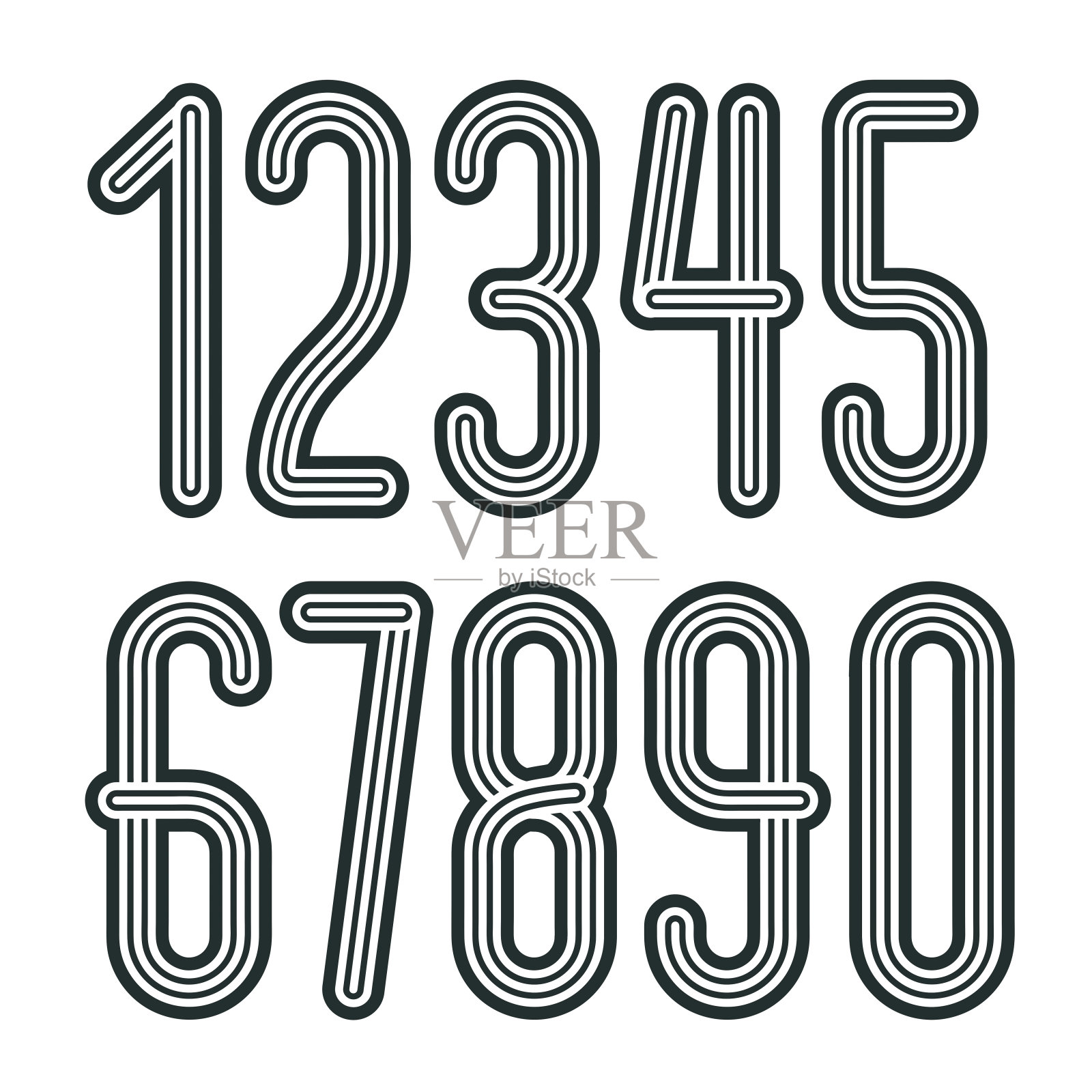 一套时尚的迪斯科矢量数字，现代数字集合。从0到9的醒目高数字最适合用于海报艺术。用三条带装饰而成。设计元素图片