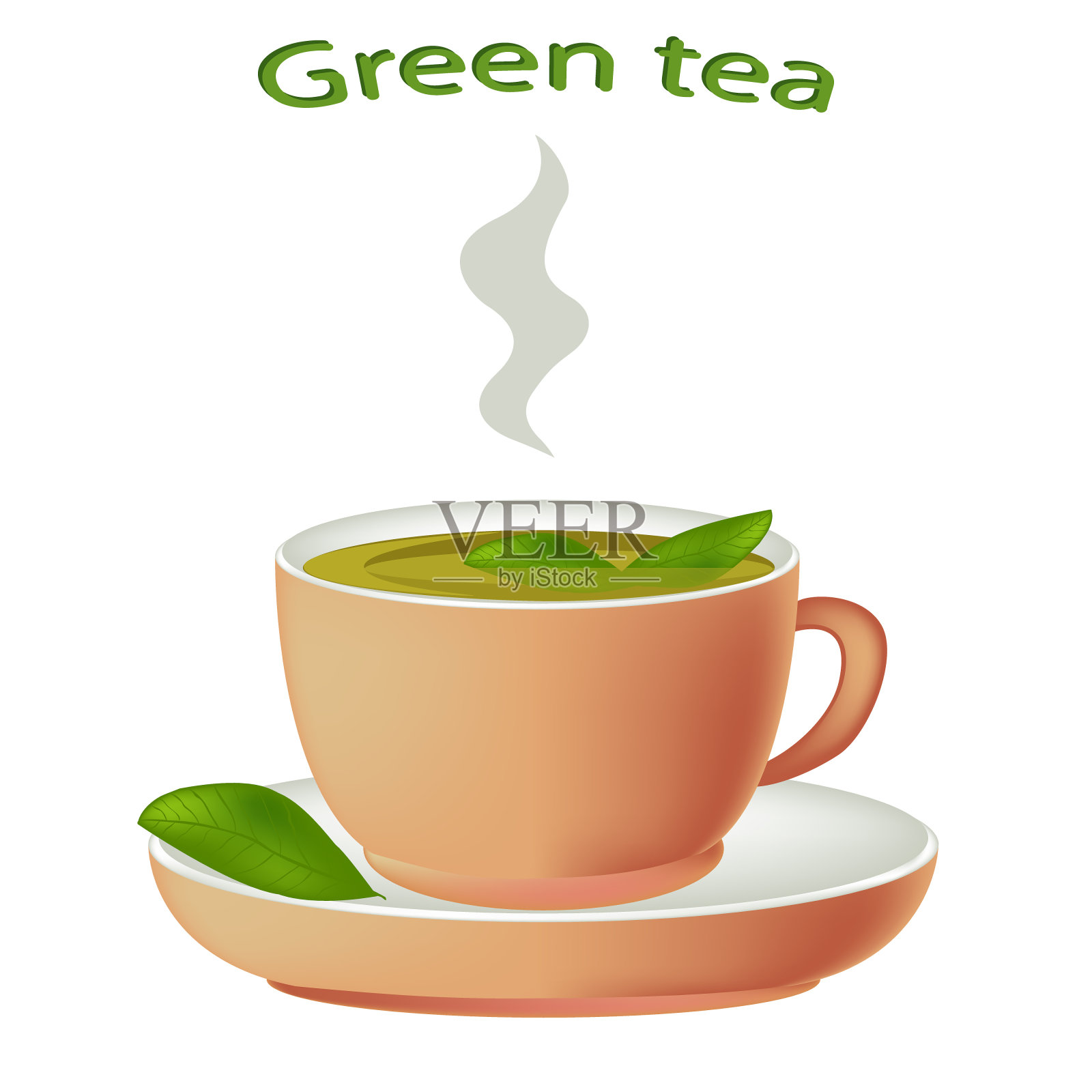 绿茶配香草。一杯热茶孤立在白色的背景上。瓷杯中的绿茶。矢量插图。插画图片素材