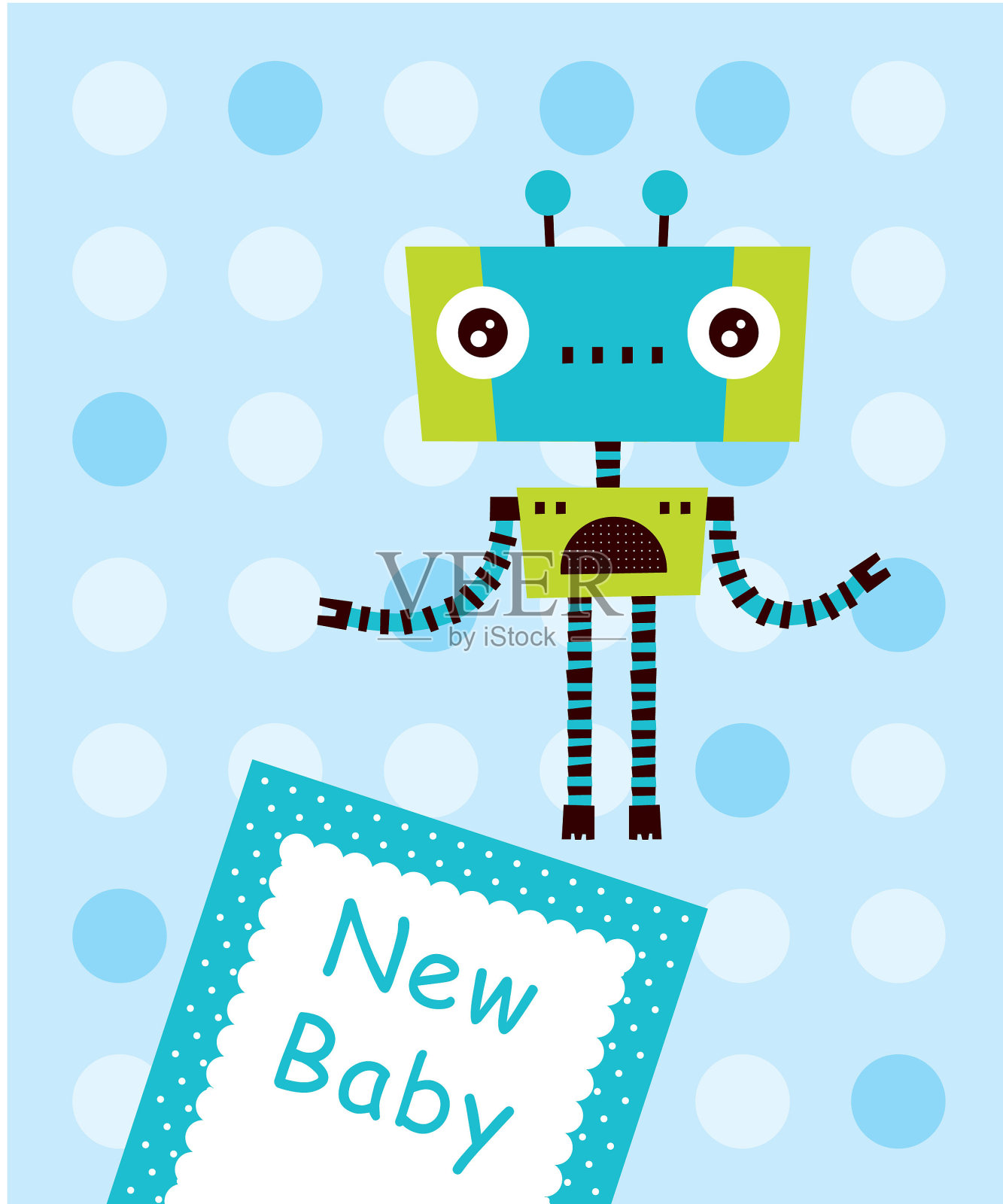 可爱的婴儿机器人到达问候卡向量插画图片素材