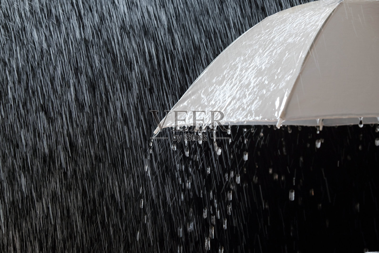 在有天然雷暴的暴风雨天气中使用的防湿伞，在黑色背景上，照片摄影图片