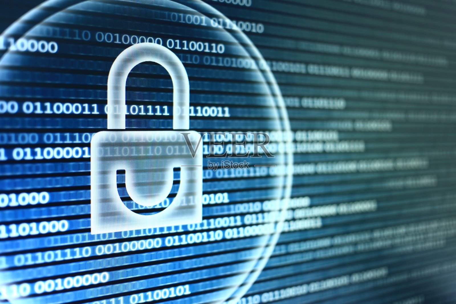 白色图形符号挂锁上的二进制计算机显示-计算机数据保护。互联网企业密码网络安全系统概念照片摄影图片