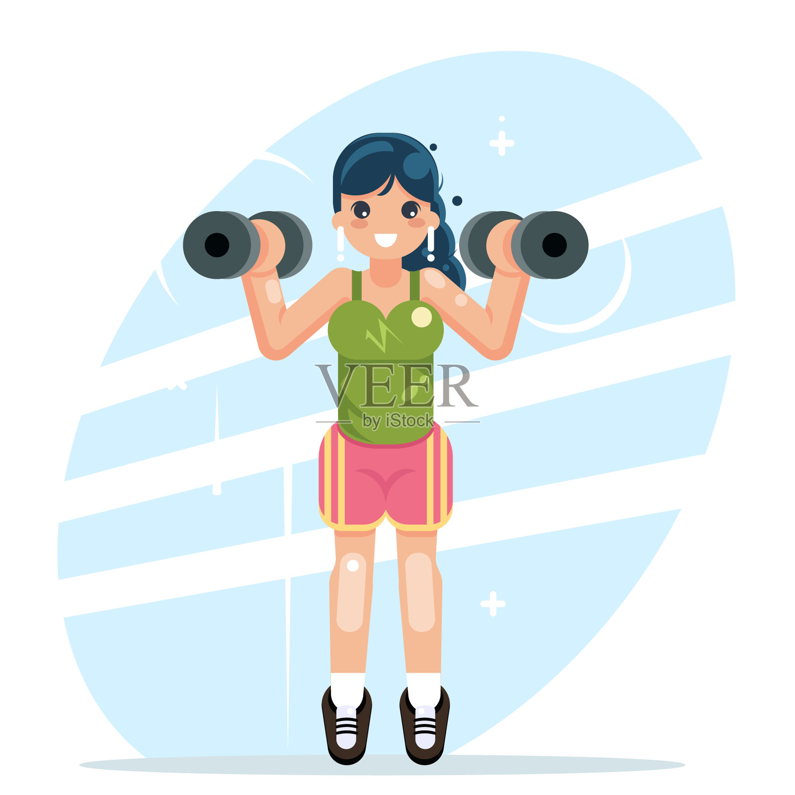 体育女孩从事健身运动哑铃平面设计矢量插图插画图片素材