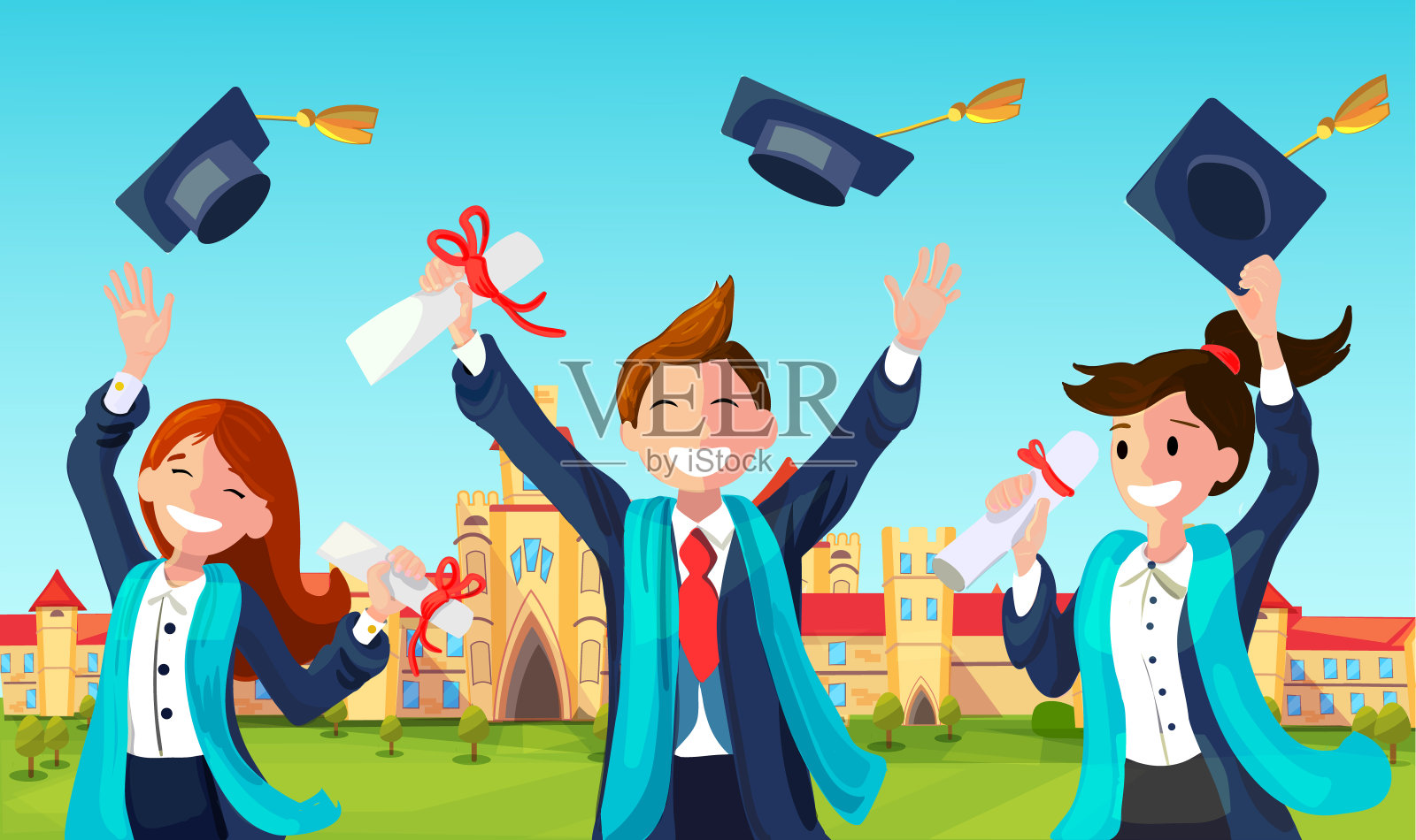 学生们把毕业帽抛向空中。插画图片素材