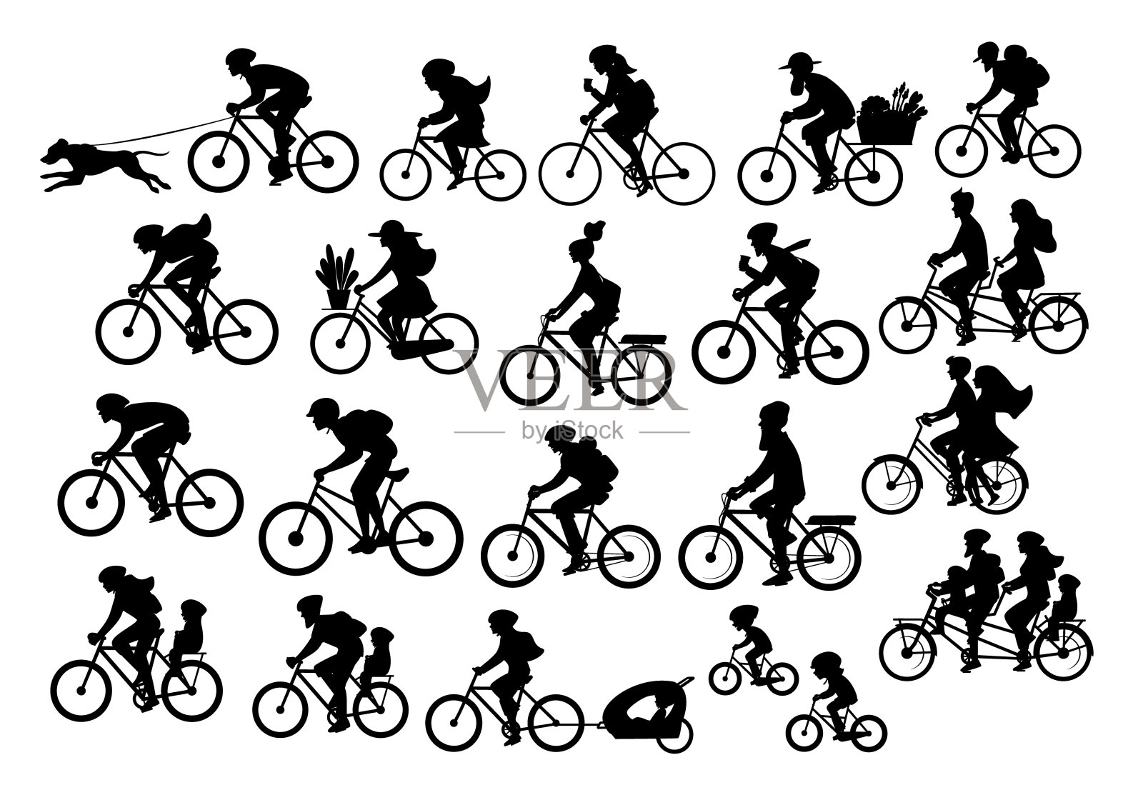 不同活跃人群的自行车剪影收藏，男女夫妇、家人、朋友、孩子骑自行车设计元素图片