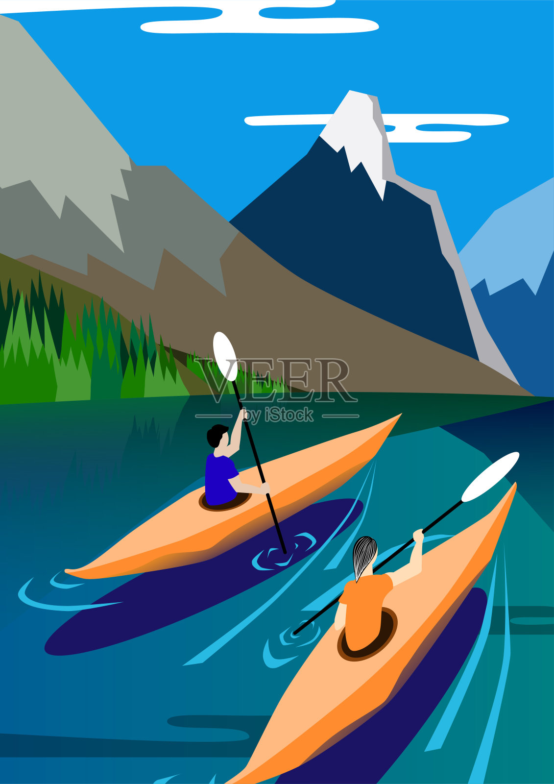 皮划艇漂浮在湖面上，背景是群山、自然、宁静。矢量插图的海报。插画图片素材
