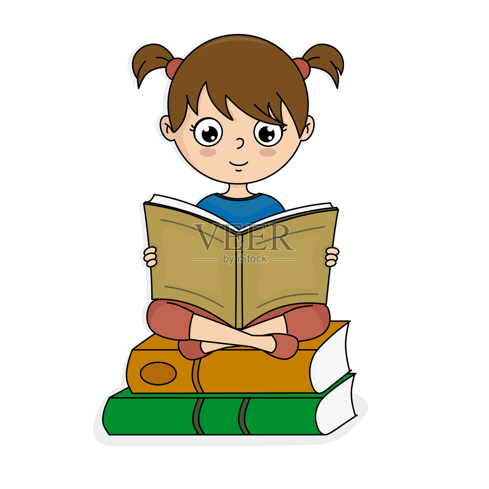 女孩坐在书上面看书插画图片素材