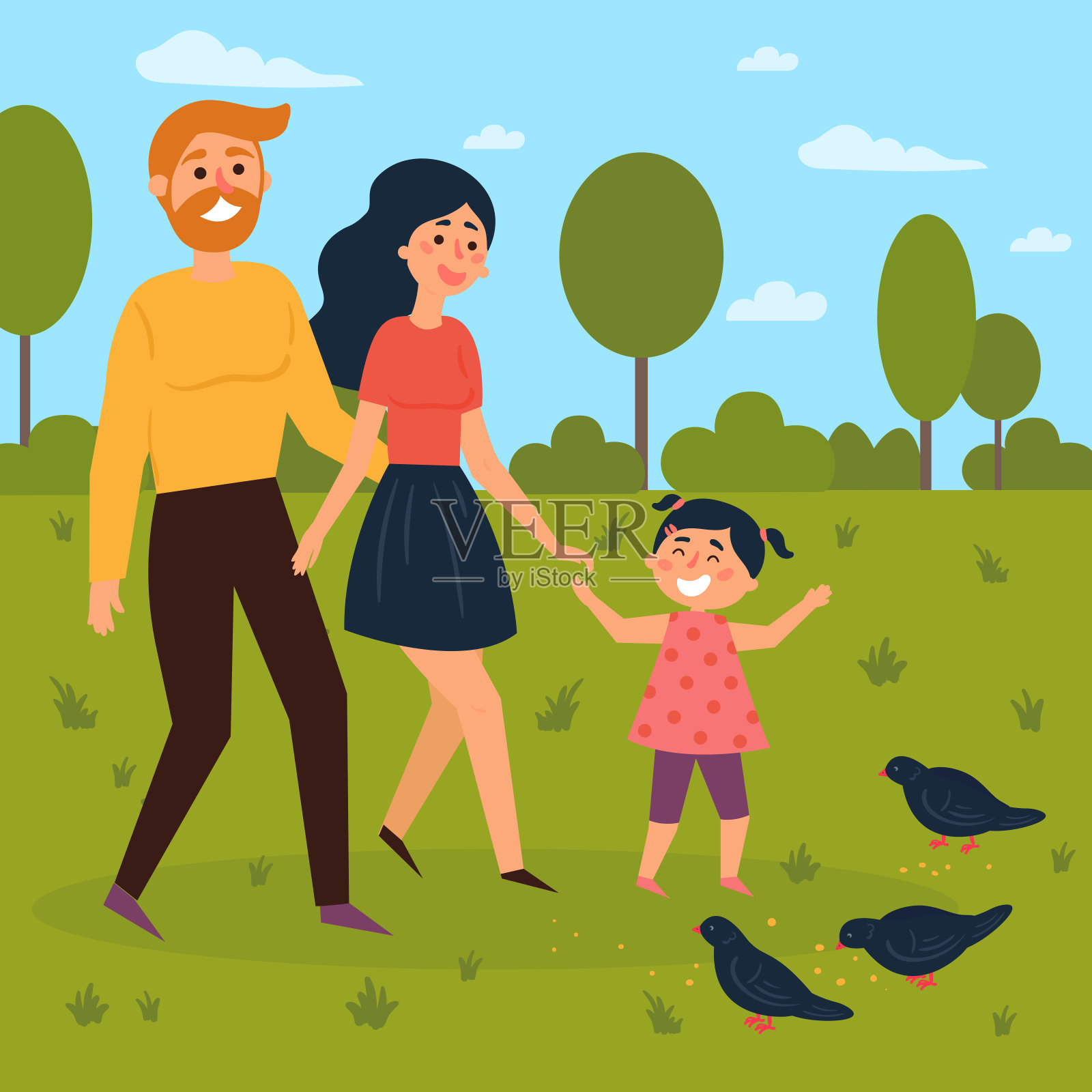幸福的家庭在户外散步，喂鸽子插画图片素材