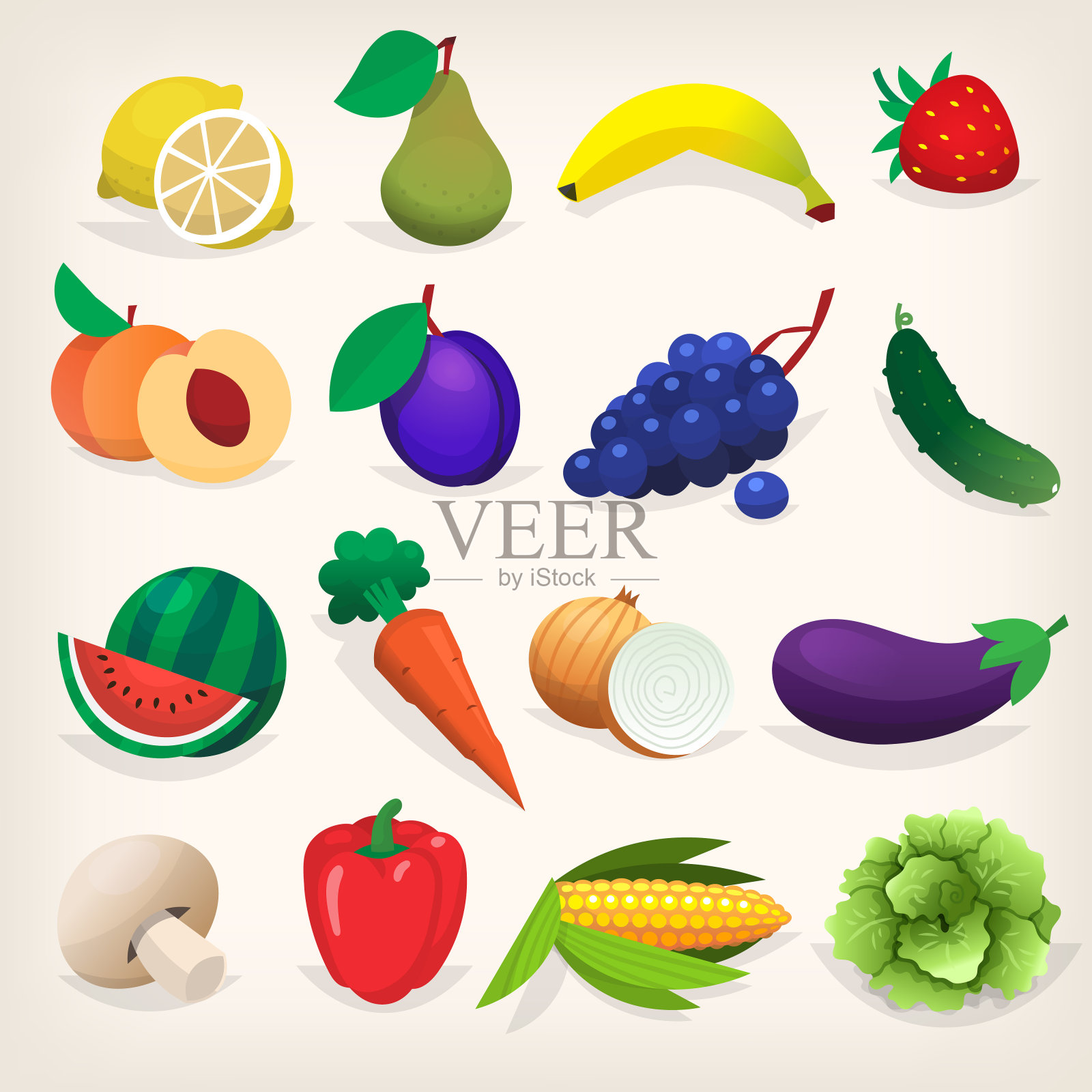 一套色彩鲜艳的新鲜水果和蔬菜。矢量插图设计。插画图片素材