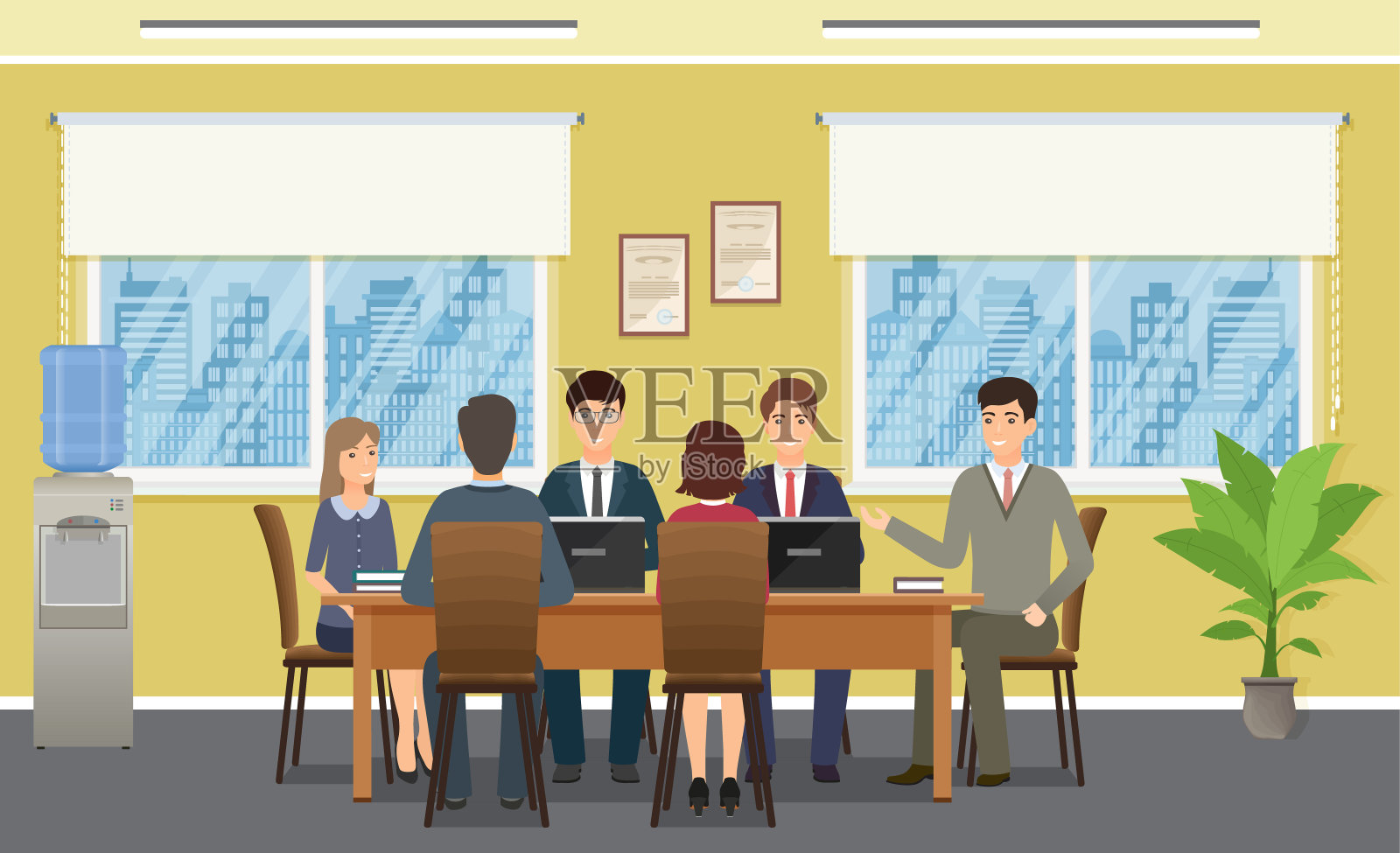 商务人士在办公室开会。工作团队成员在会议上的团队合作。插画图片素材