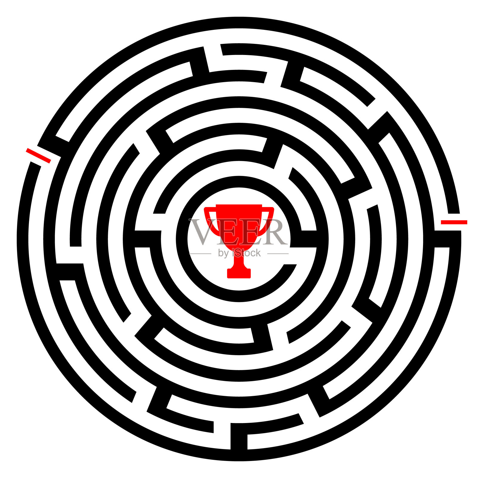 抽象迷宫迷宫与红色获胜者奖杯图标。矢量图插画图片素材