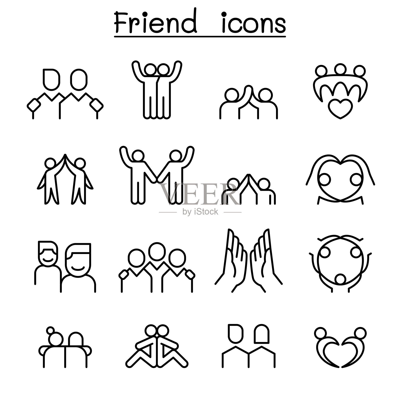 友谊&朋友的图标设置在细线风格图标素材