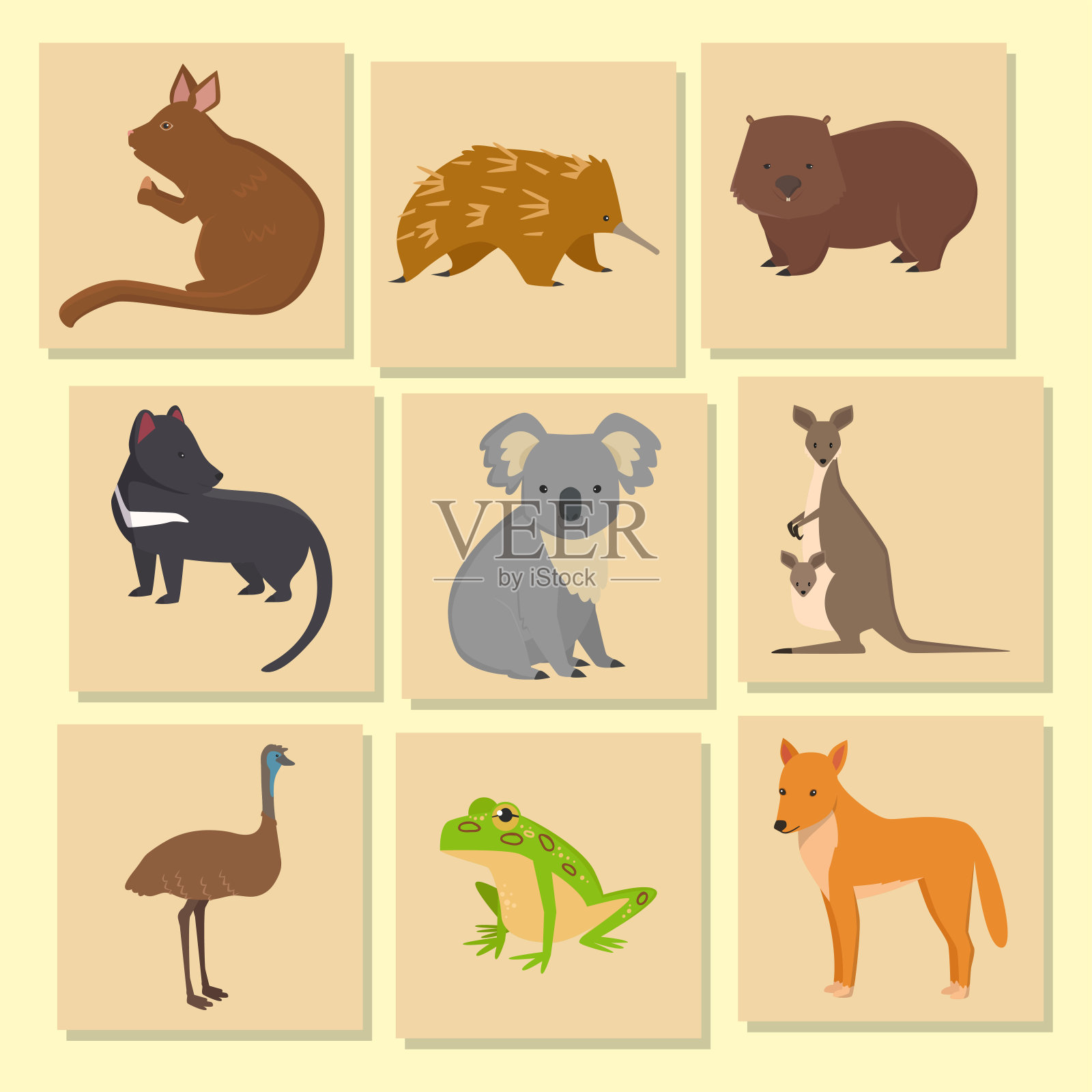澳大利亚野生动物卡卡通流行的自然人物扁平风格的哺乳动物收集矢量插图设计元素图片