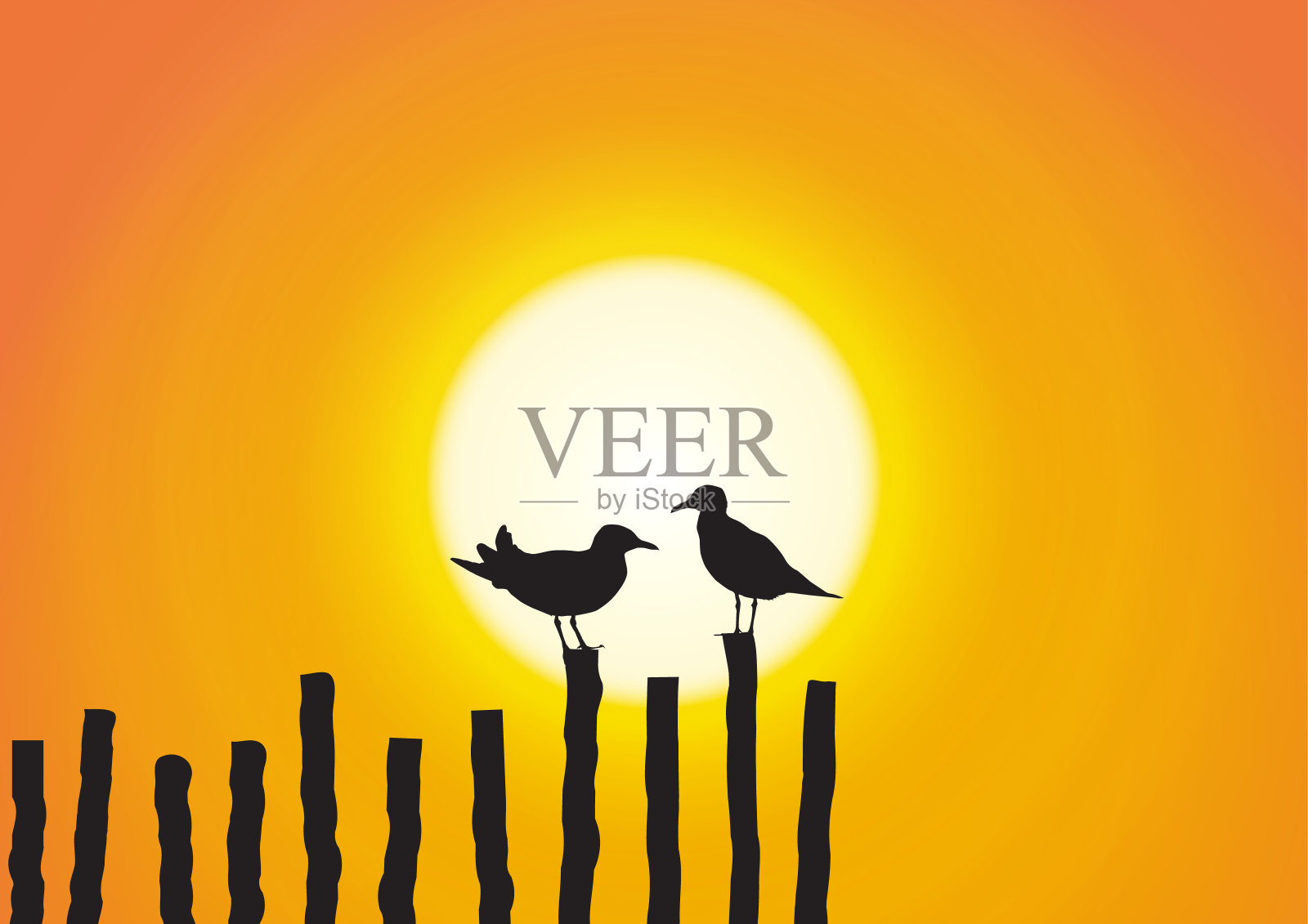 两只海鸥的剪影坐在木材上，背景是金色的夕阳插画图片素材