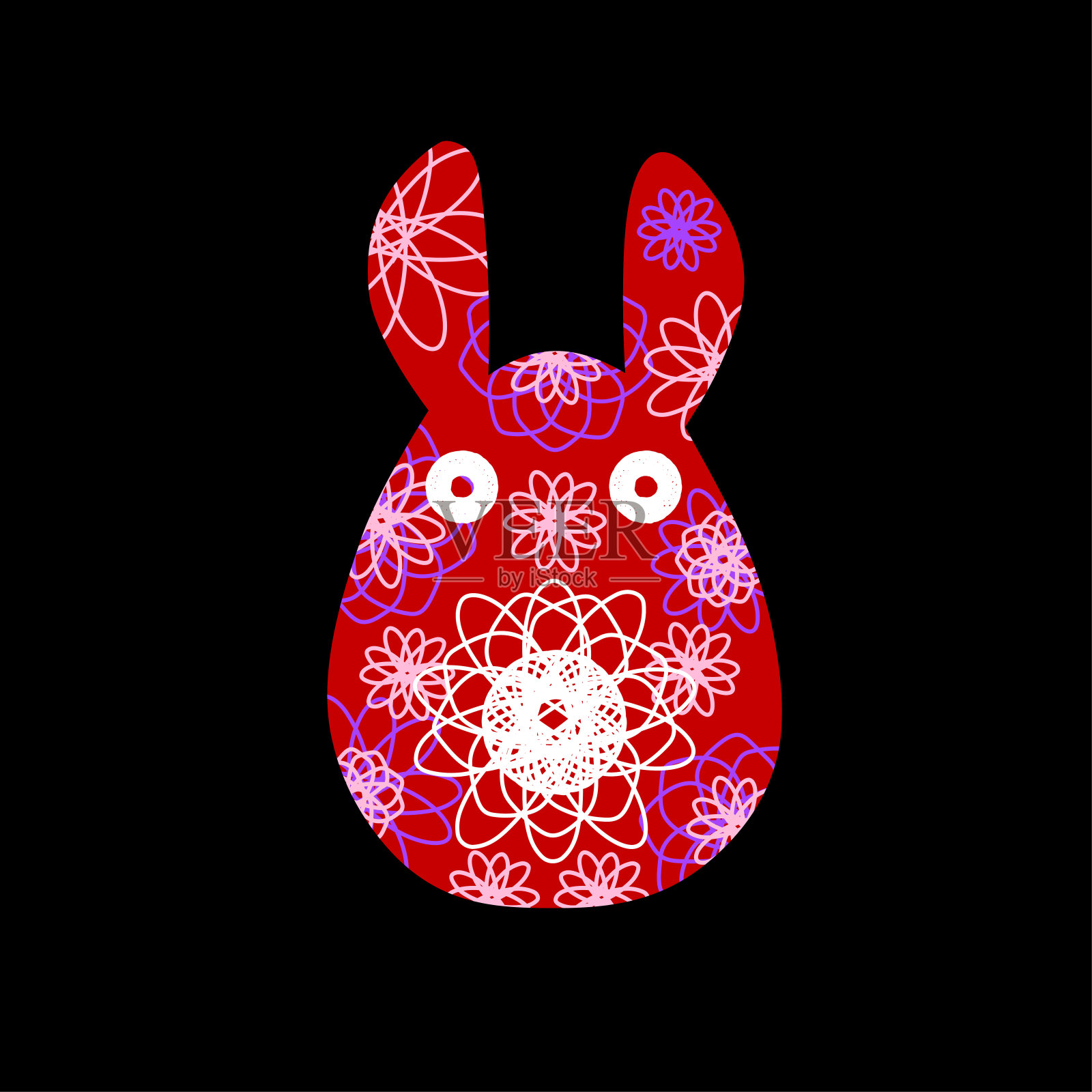 不寻常的复活节兔子设计和卡片。兔子的轮廓与明亮的抽象图案。矢量插图孤立在黑色背景。插画图片素材