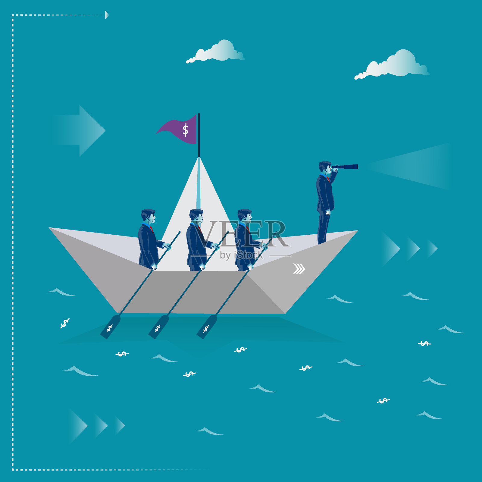 团队合作精神。商人们在纸船上划船。业务的比喻插画图片素材