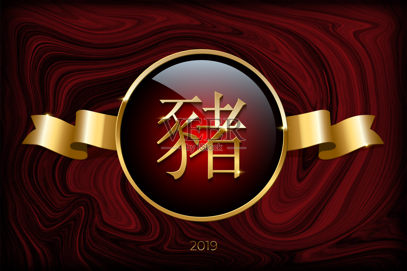 2019年中国新年金色标志内的金色戒指与丝带在红色大理石的背景。矢量中国新年标志。插画图片素材