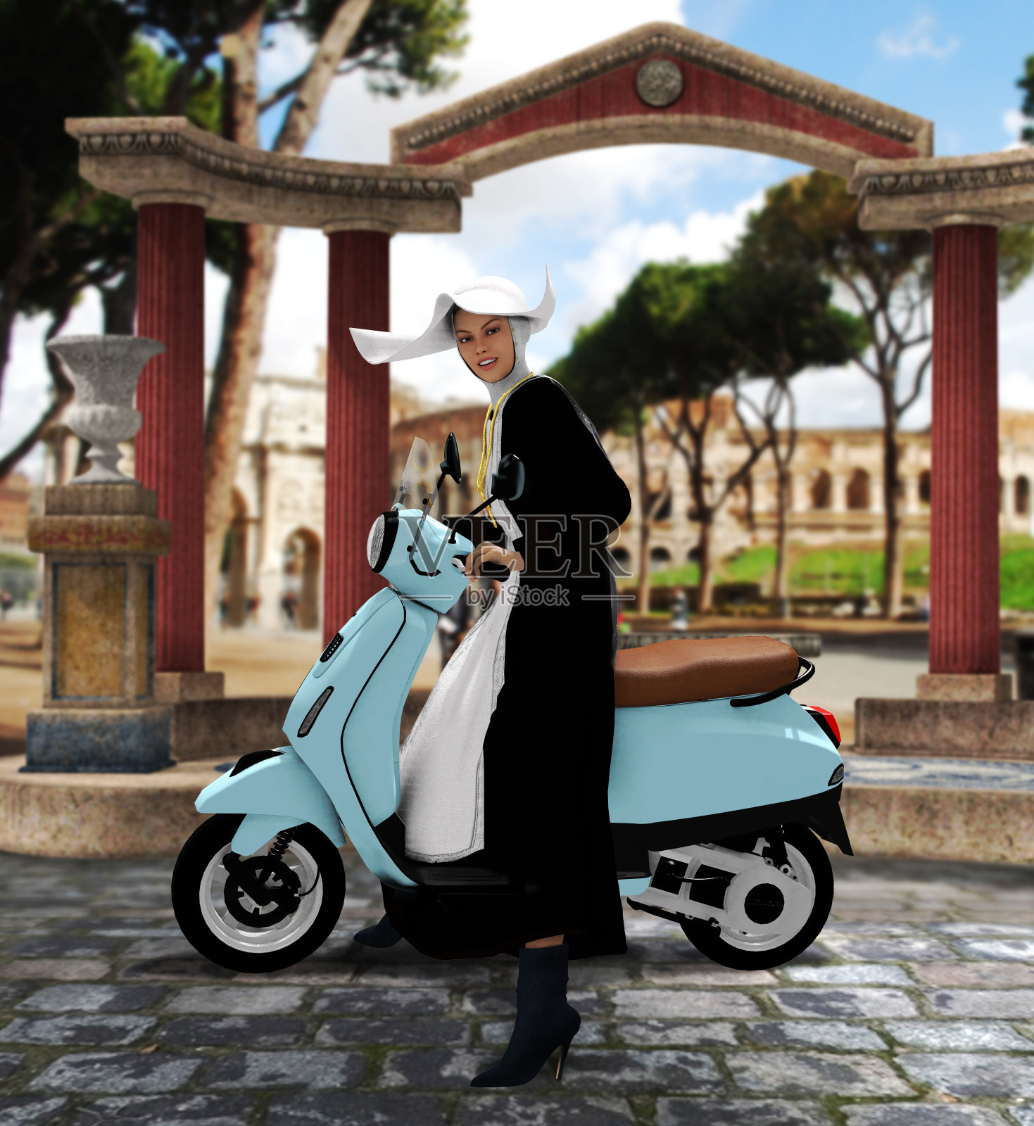 美丽的修女骑着摩托车在罗马的街道上照片摄影图片