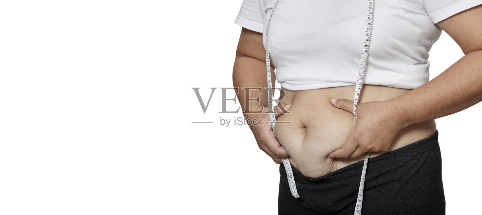 亚洲女人肥胖的肚子。照片摄影图片