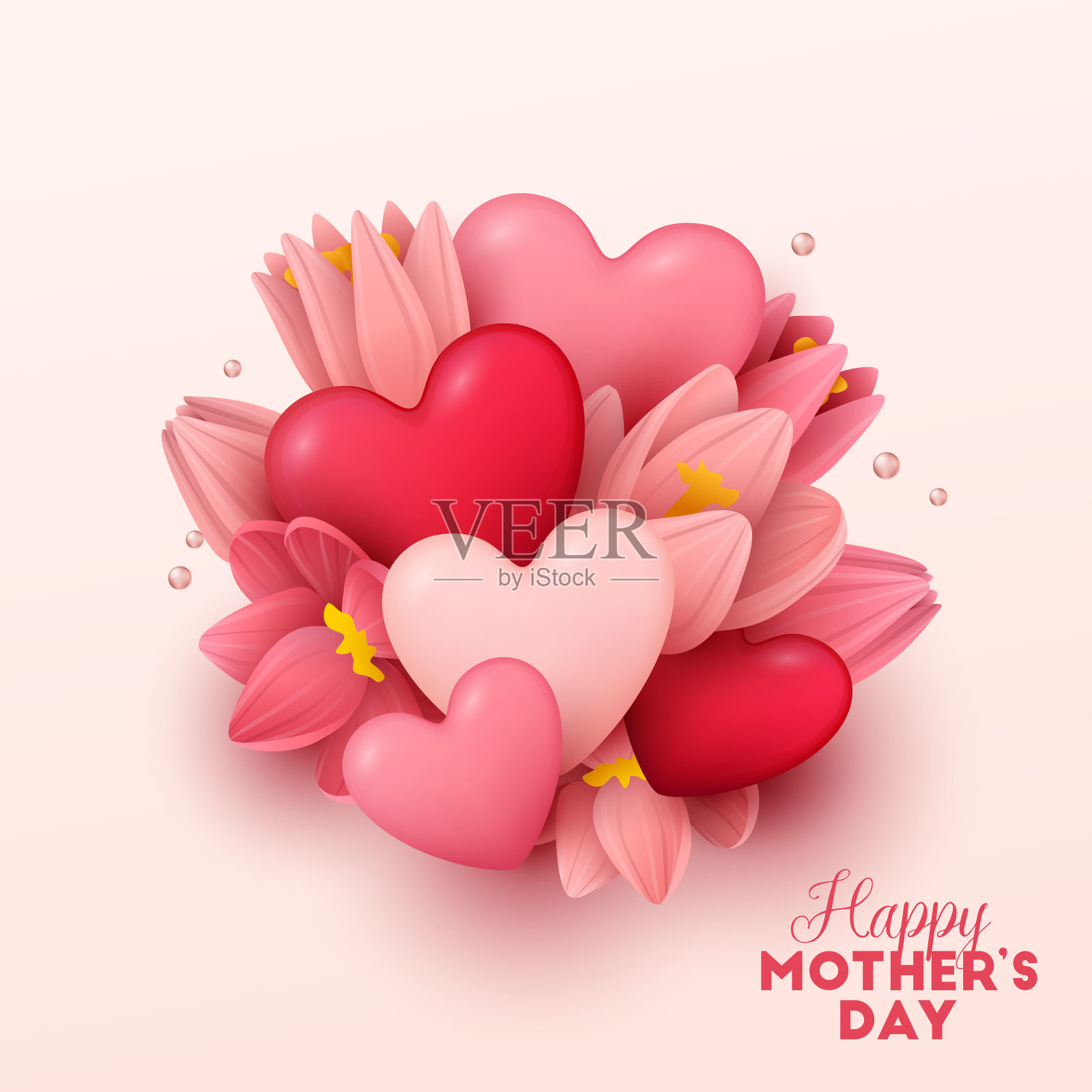 母亲节快乐，以鲜花和心为背景插画图片素材