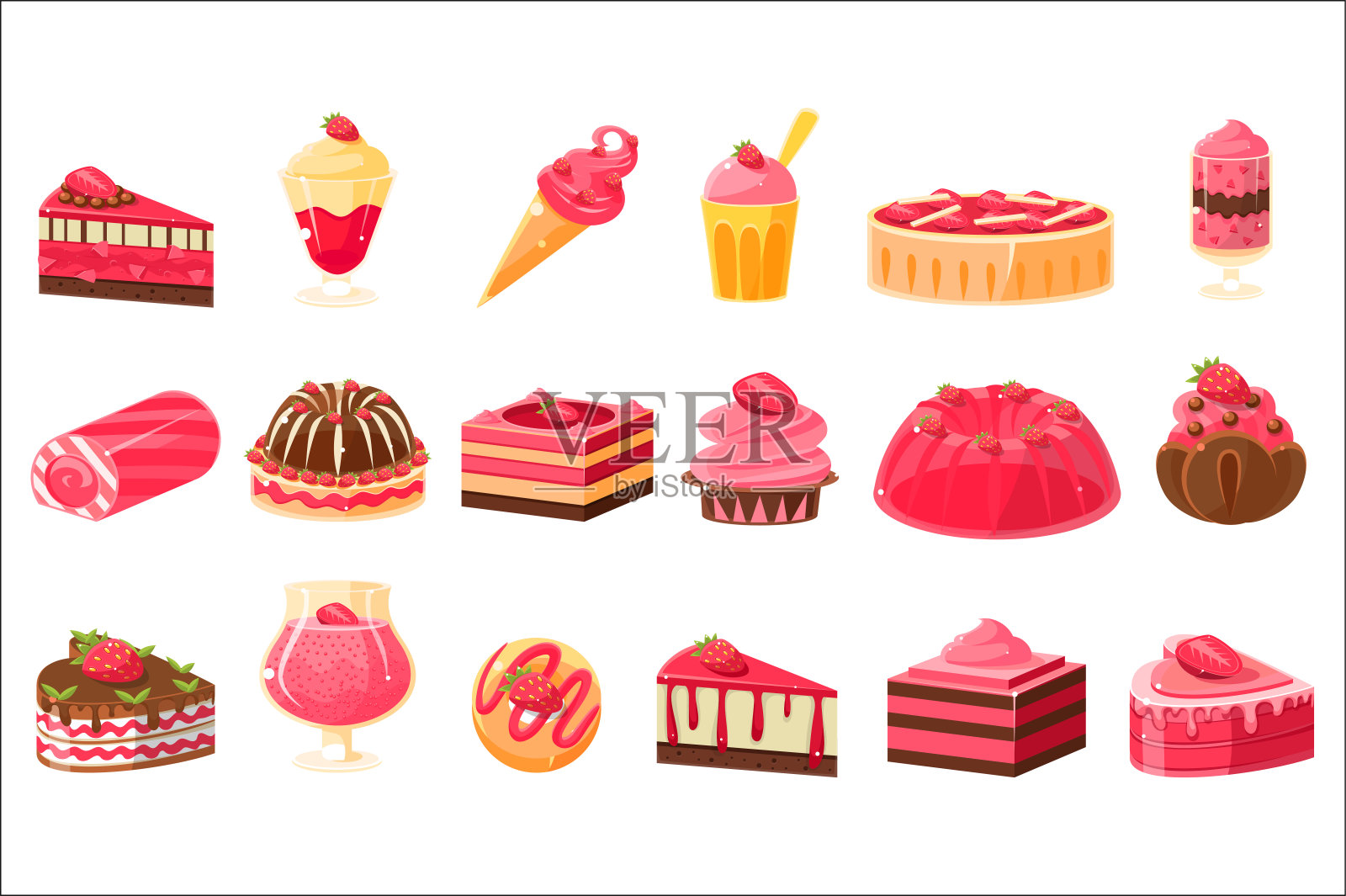 粉色糖果和甜点大套，纸杯蛋糕，冰淇淋，草莓味蛋糕矢量插画插画图片素材