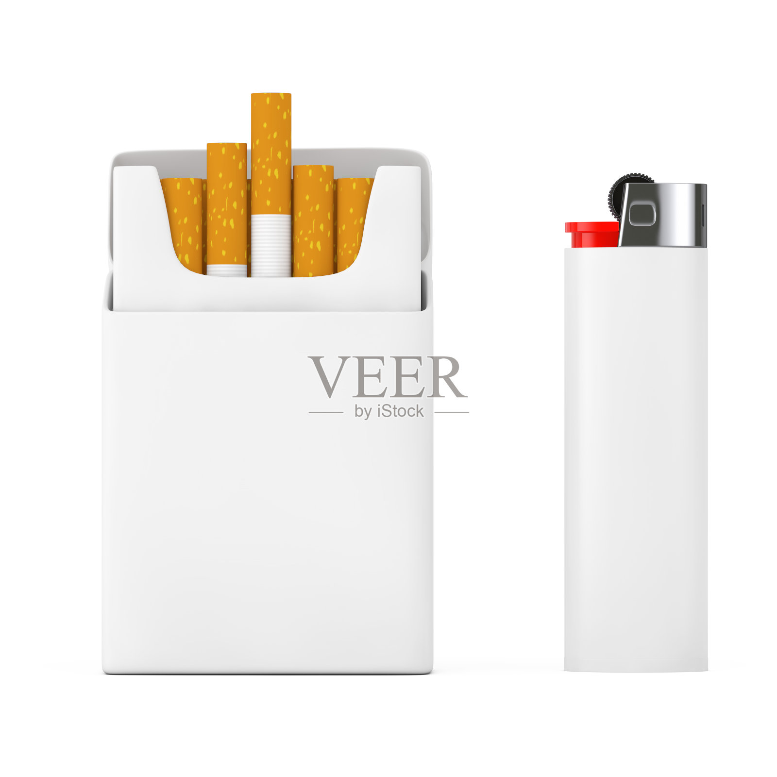 白色口袋打火机靠近模型空白香烟包装。3d渲染照片摄影图片