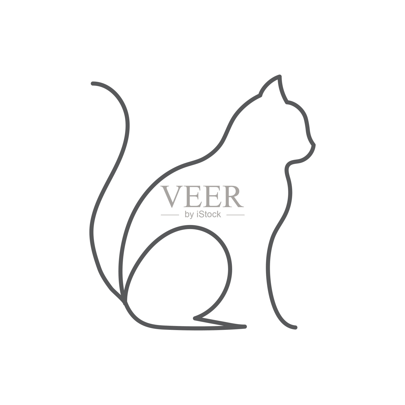 猫连续线画-可爱的宠物坐与抬高的尾巴侧视图孤立在白色的背景。设计元素图片