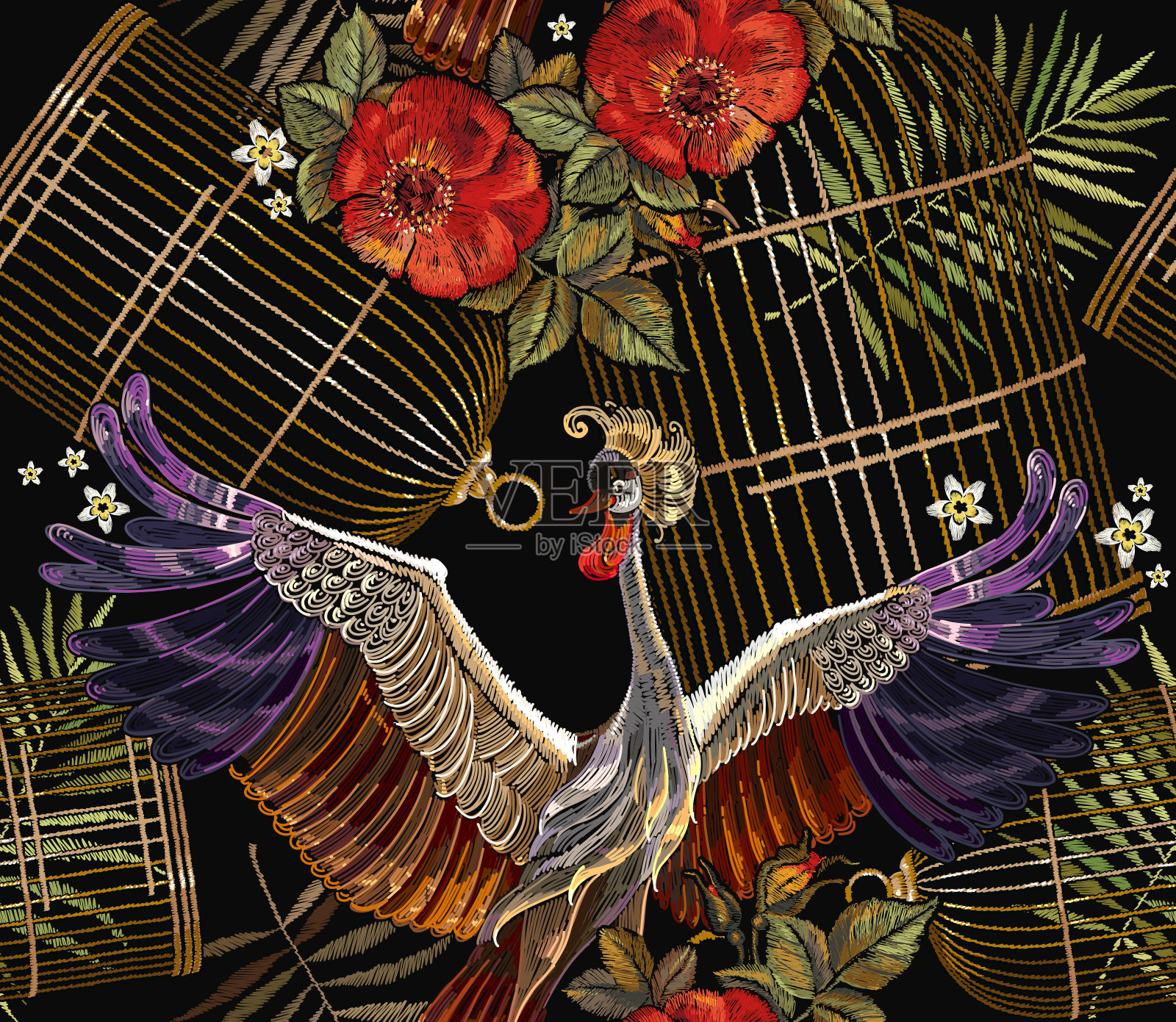 刺绣鹤鸟，金鸟笼和玫瑰无缝图案。服装，纺织品，t恤设计的模板。经典刺绣两只日本鹤，金鸟笼和红玫瑰花蕾插画图片素材