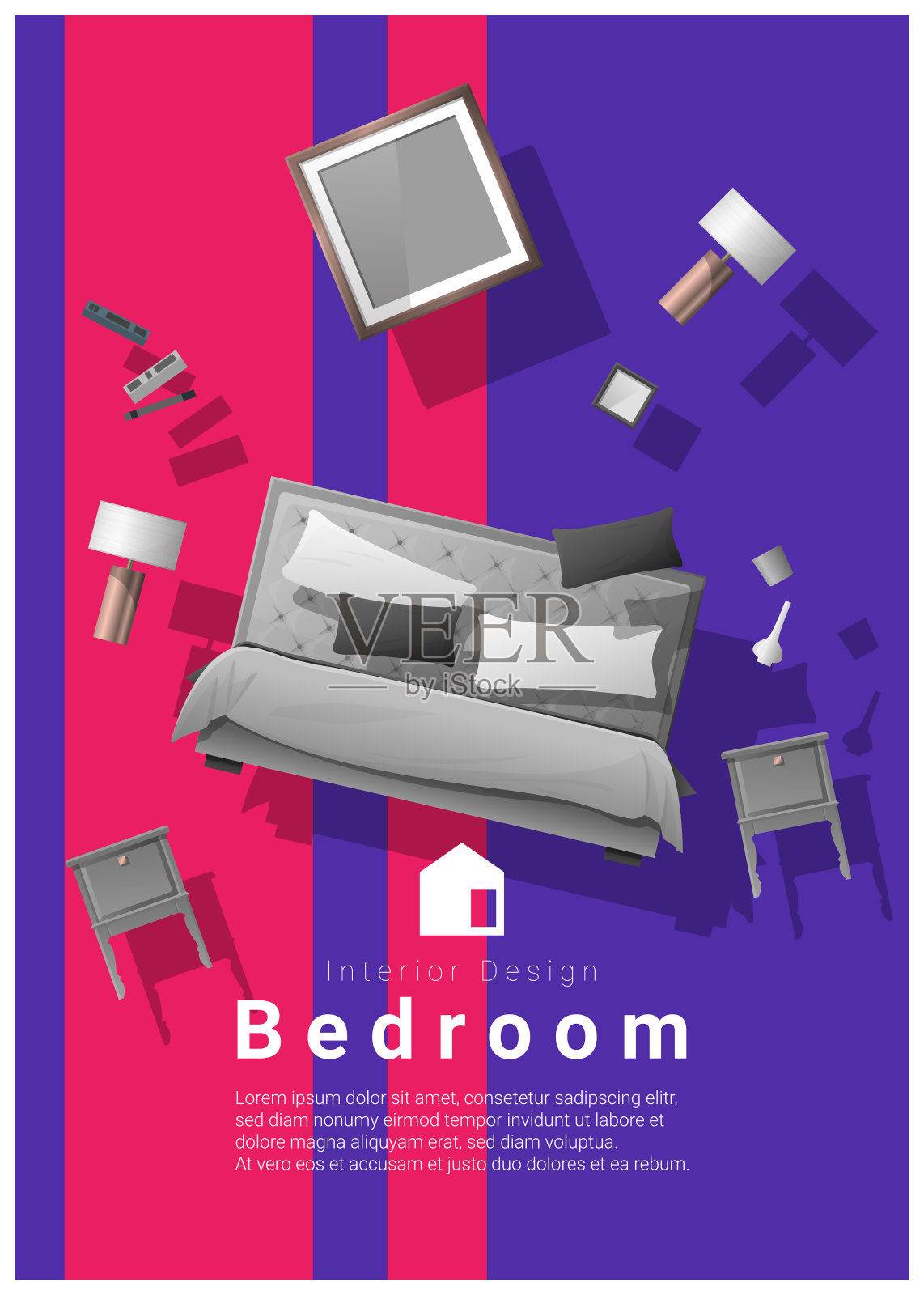 垂直室内横幅销售与卧室家具盘旋在彩色背景，矢量，插图插画图片素材