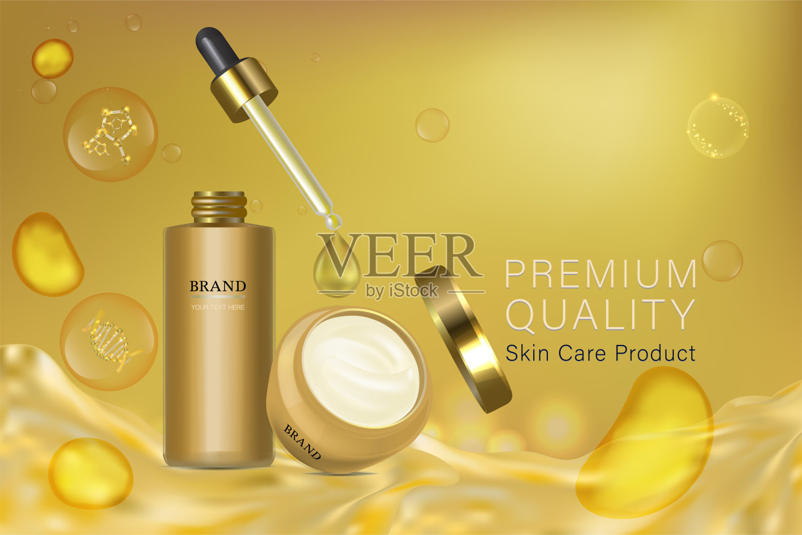 黄金化妆品容器与广告背景准备使用，豪华皮肤护理广告插画图片素材
