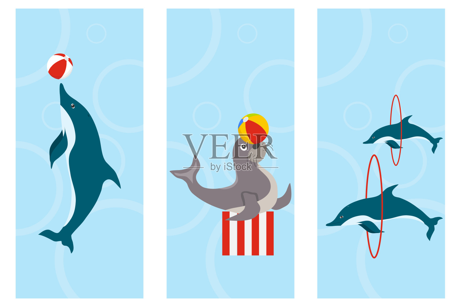 海豚馆的海报，描绘海豚和海豹的横幅。插画图片素材