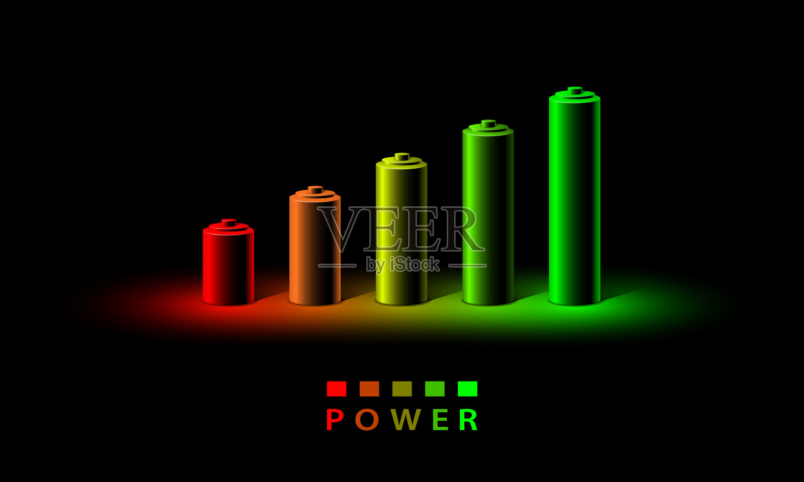 霓虹灯3D电池充电水平指示灯。现实的一套电池从小红到大绿在霓虹灯下的黑色背景插画图片素材