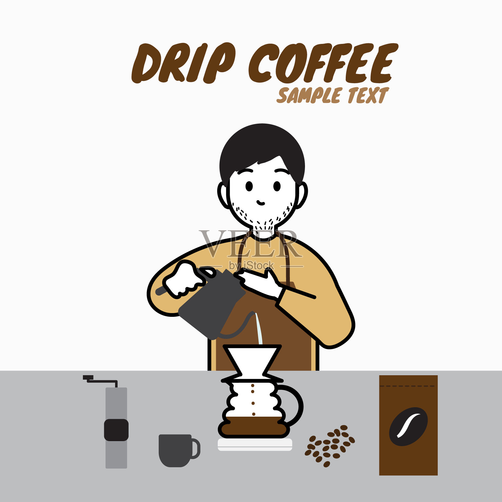 男咖啡师用胡茬做咖啡，手工煮滴滤咖啡和配件插画图片素材