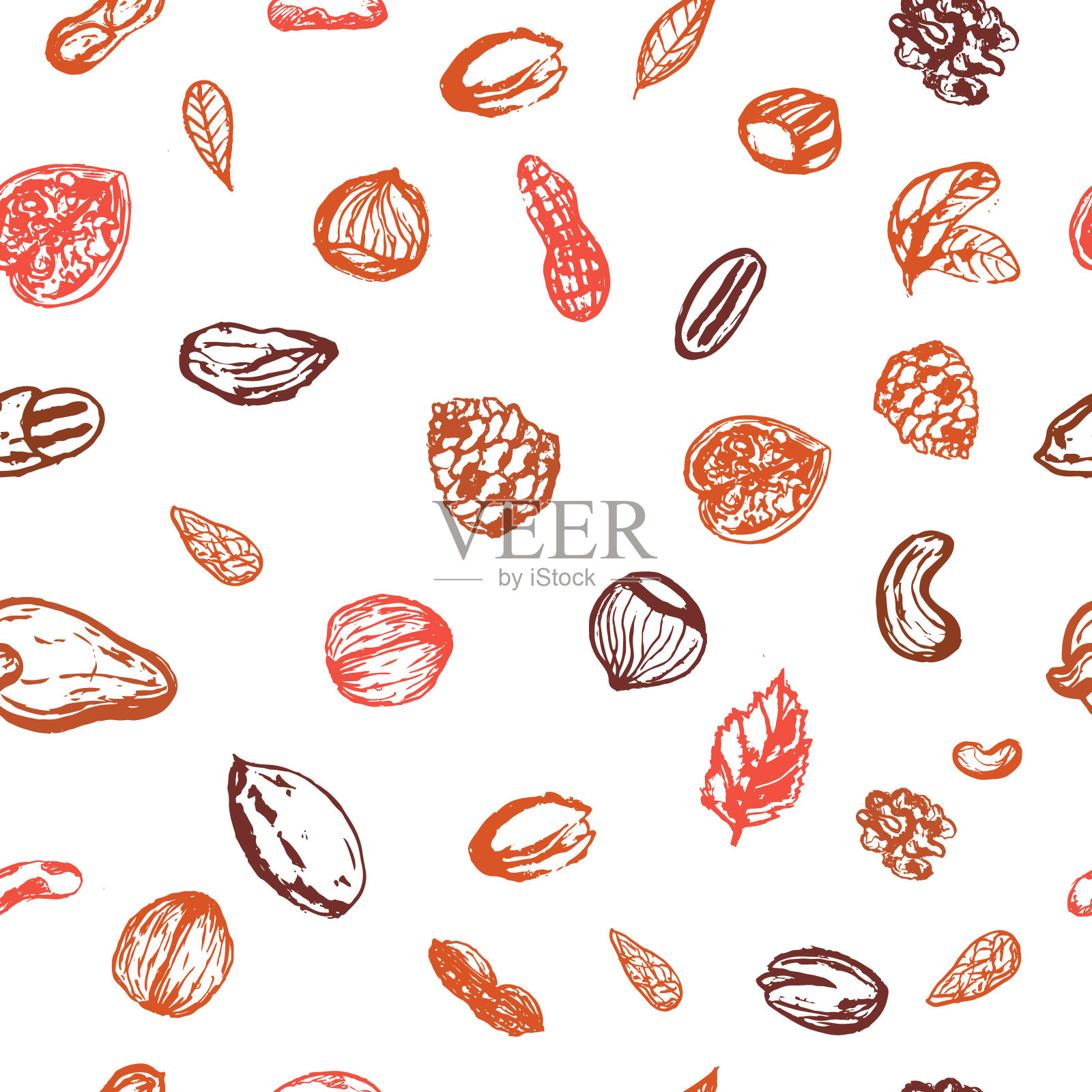 Grunge坚果无缝图案在秋天棕色的颜色榛子，核桃，松子，山核桃，花生。健康手绘小吃收集标志，图标设计插画图片素材