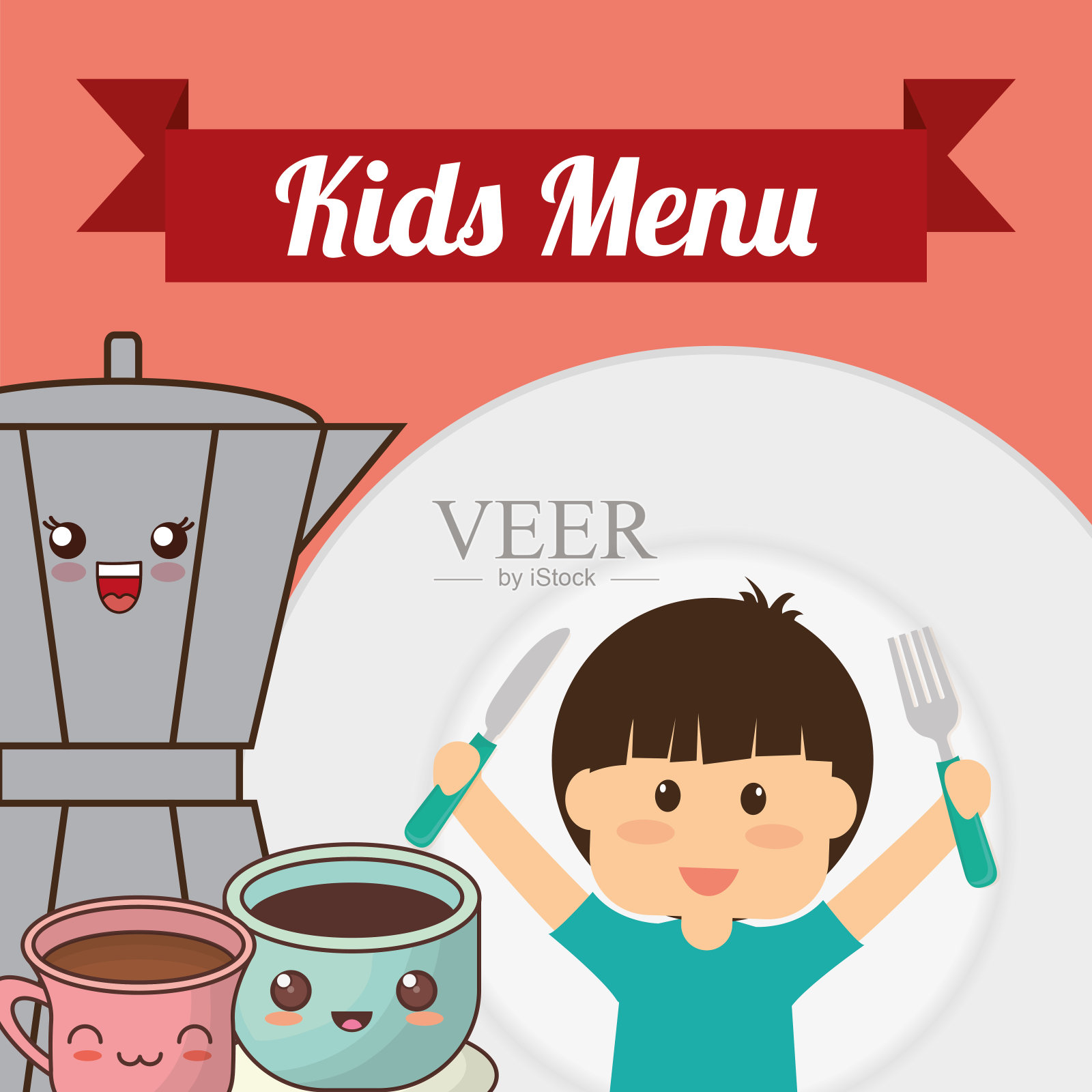 孩子，菜单，男孩，叉，刀，咖啡，巧克力插画图片素材
