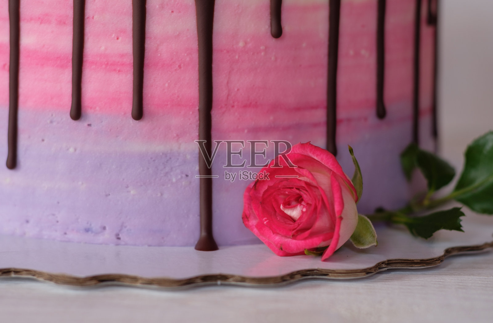 漂亮的自制生日蛋糕和活玫瑰照片摄影图片