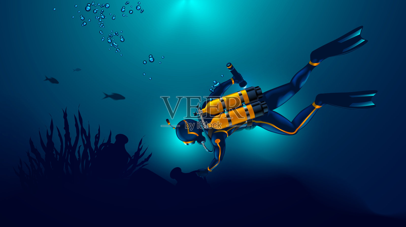 潜水员在海底探险。水下考古学家在水下发现了一个古代壶。潜水员背上装着氧气瓶插画图片素材