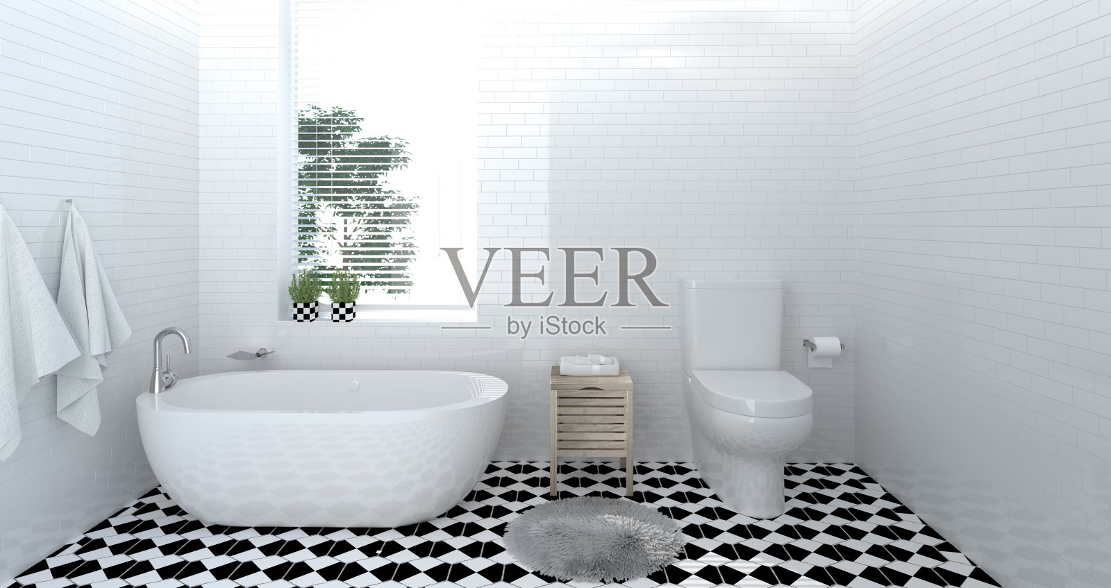 室内浴室，卫生间，淋浴，现代家居设计3D插图复制空间背景白色瓷砖浴室照片摄影图片