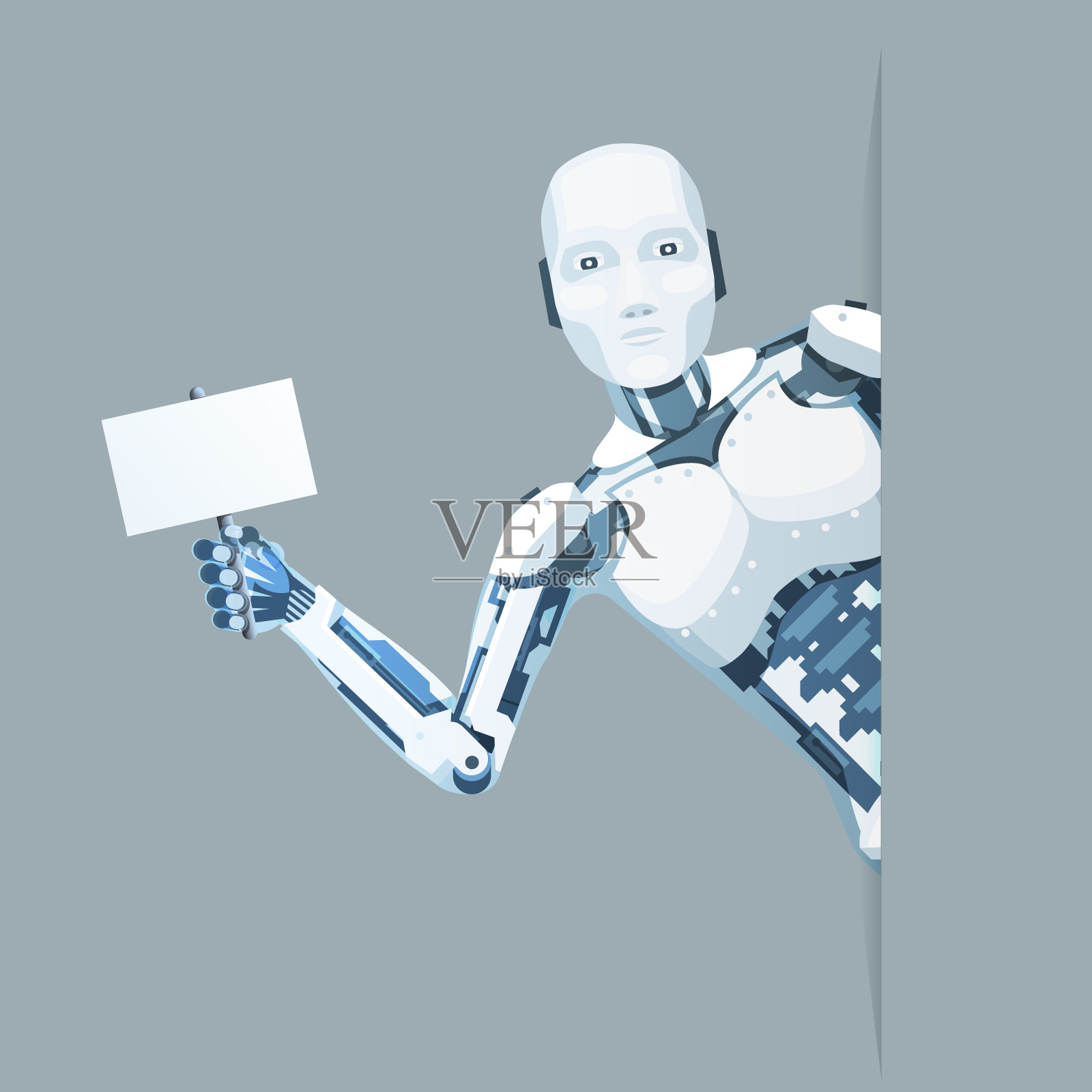 海报在手android机器人看角落在线帮助技术科幻未来销售3d设计矢量插图插画图片素材