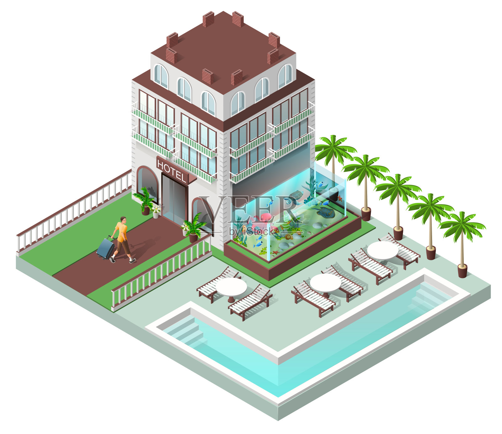 旅游酒店和日光躺椅由游泳池插画图片素材