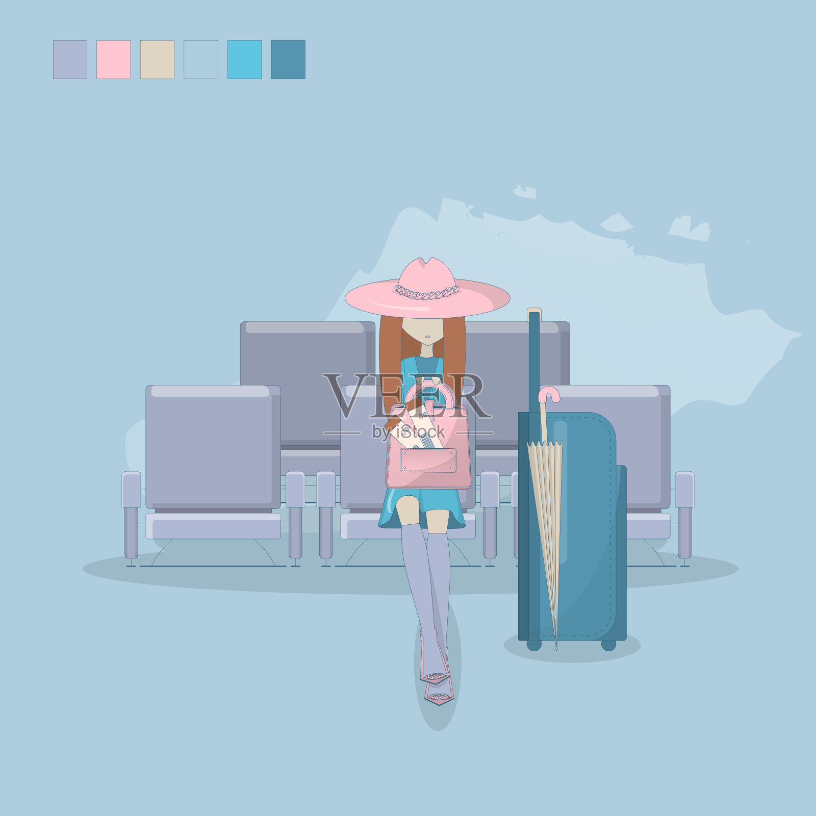 矢量插图的旅行美丽的女孩等待飞机。插画图片素材