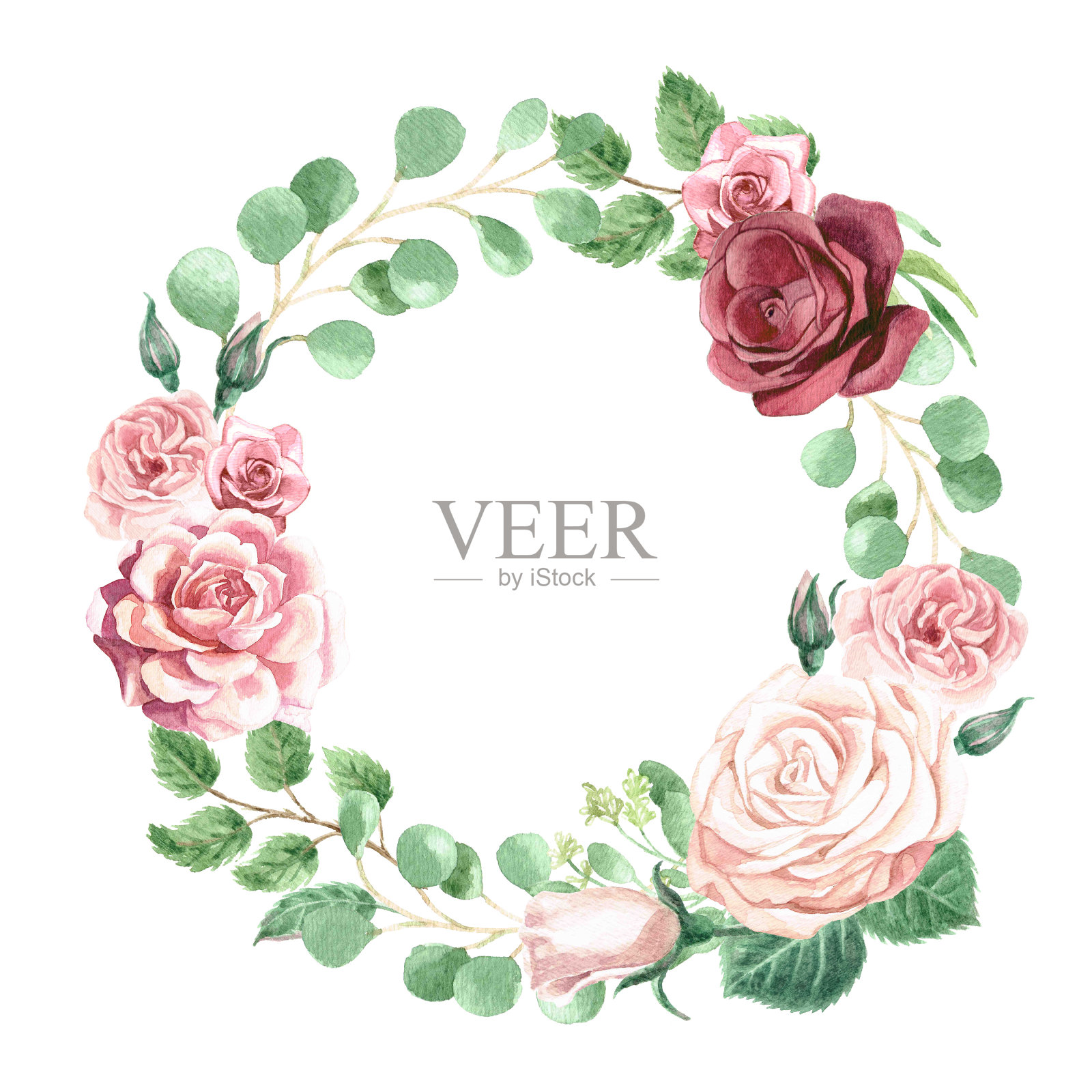 水彩绿叶和玫瑰花环花束插画图片素材