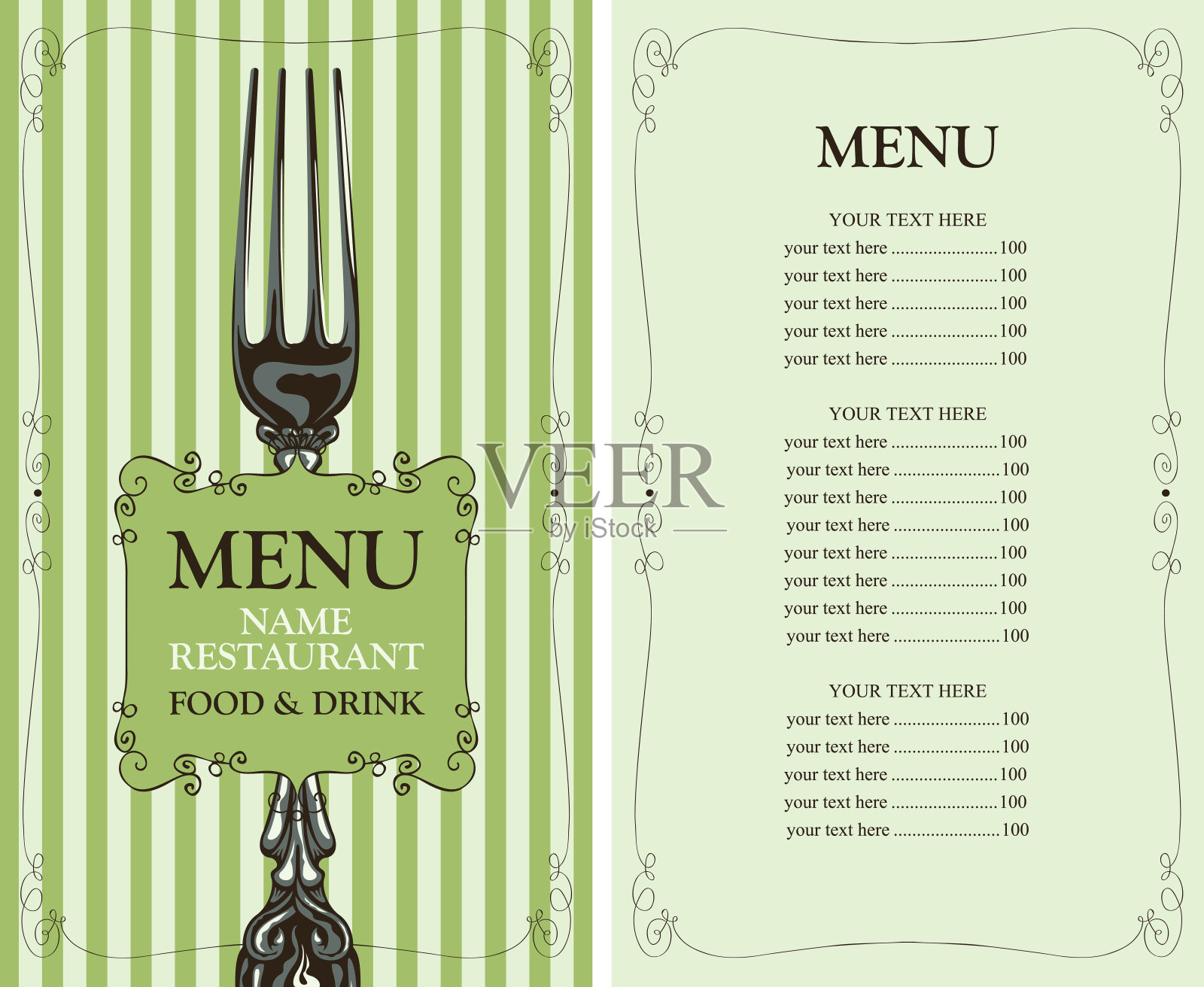 餐厅菜单，价格表和叉子设计模板素材