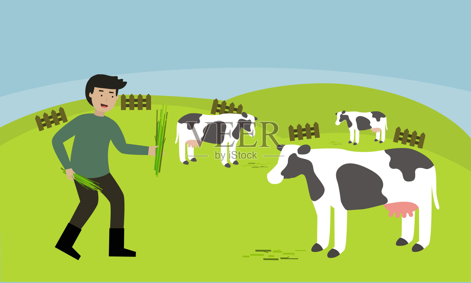 农民在喂牛吃草插画图片素材