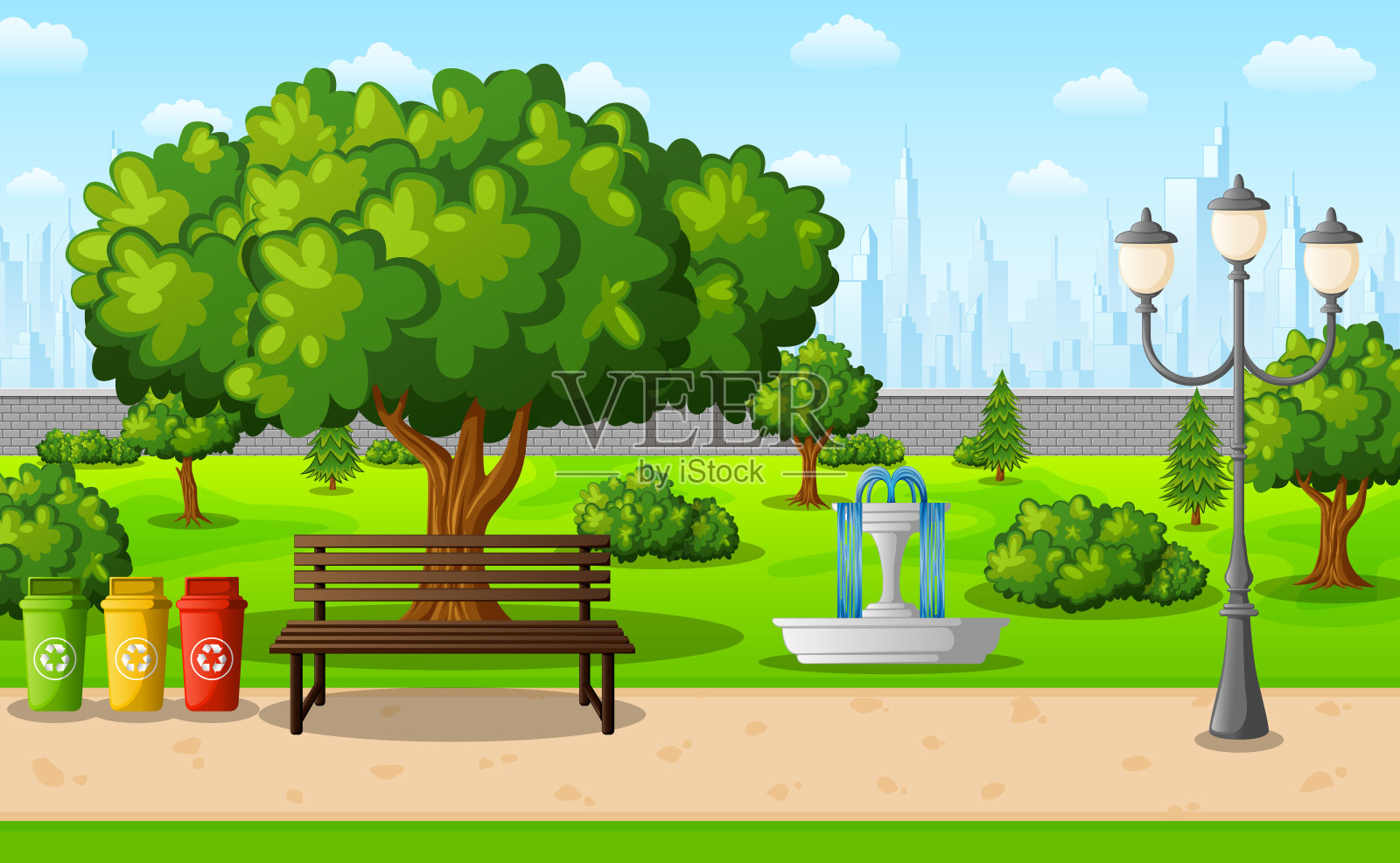 绿色城市公园与城镇建筑插画图片素材